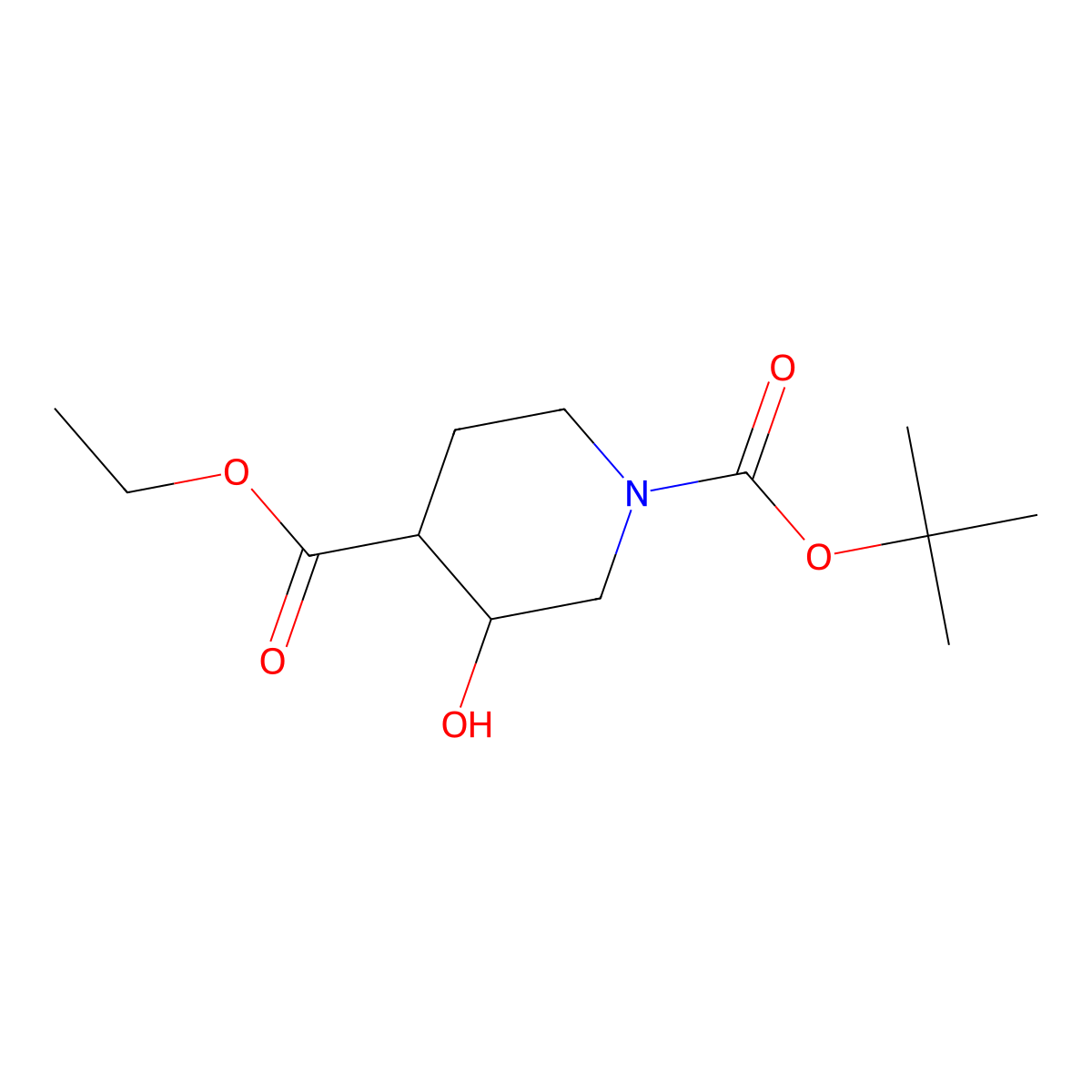 O1-tert-butyl O4-ethyl (+)-(3R,4R)-3-hydroxypiperidine-1,4-dicarboxylate molecular structure, CAS 206111-36-6