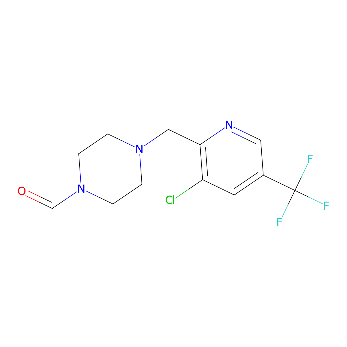 4-{[3-Chloro-5-(trifluoromethyl)pyridin-2-yl]methyl}piperazine-1-carbaldehyde molecular structure, CAS 2061170-13-4