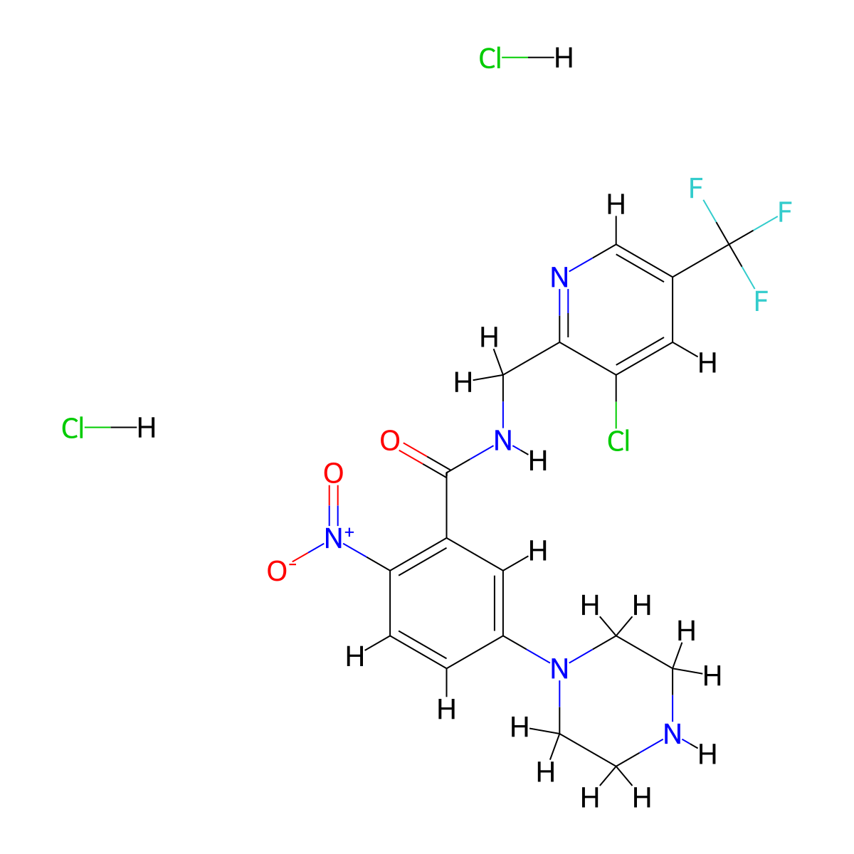 N-{[3-chloro-5-(trifluoromethyl)pyridin-2-yl]methyl}-2-nitro-5-(piperazin-1-yl)benzamide dihydrochloride molecular structure, CAS 2061178-51-4
