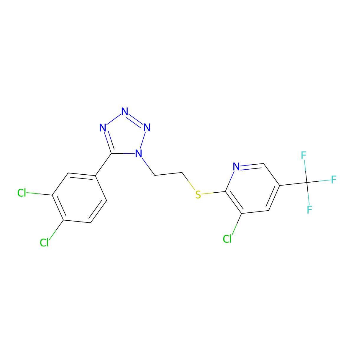 3-chloro-2-({2-[5-(3,4-dichlorophenyl)-1H-1,2,3,4-tetraazol-1-yl]ethyl}sulfanyl)-5-(trifluoromethyl)pyridine molecular structure, CAS 2061248-65-3