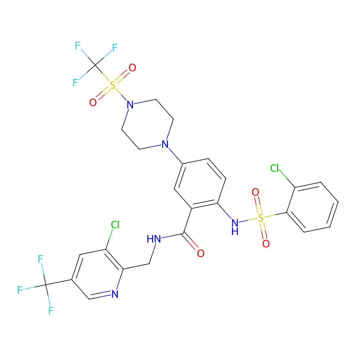 N-{[3-chloro-5-(trifluoromethyl)pyridin-2-yl]methyl}-2-(2-chlorobenzenesulfonamido)-5-(4-trifluoromethanesulfonylpiperazin-1-yl)benzamide molecular structure, CAS 2061268-74-2