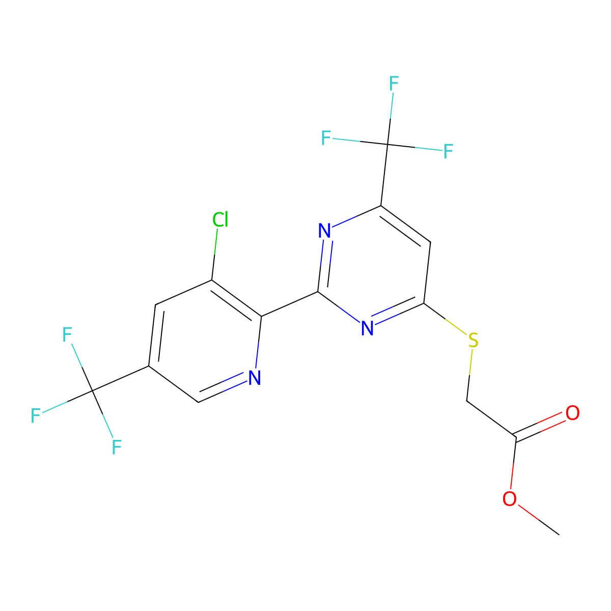 {[2-[3-Chloro-5-(trifluoromethyl)-2-pyridinyl]-6-(trifluoromethyl)-4-pyrimidinyl]sulfanyl}methyl acetate molecular structure, CAS 2061269-06-3