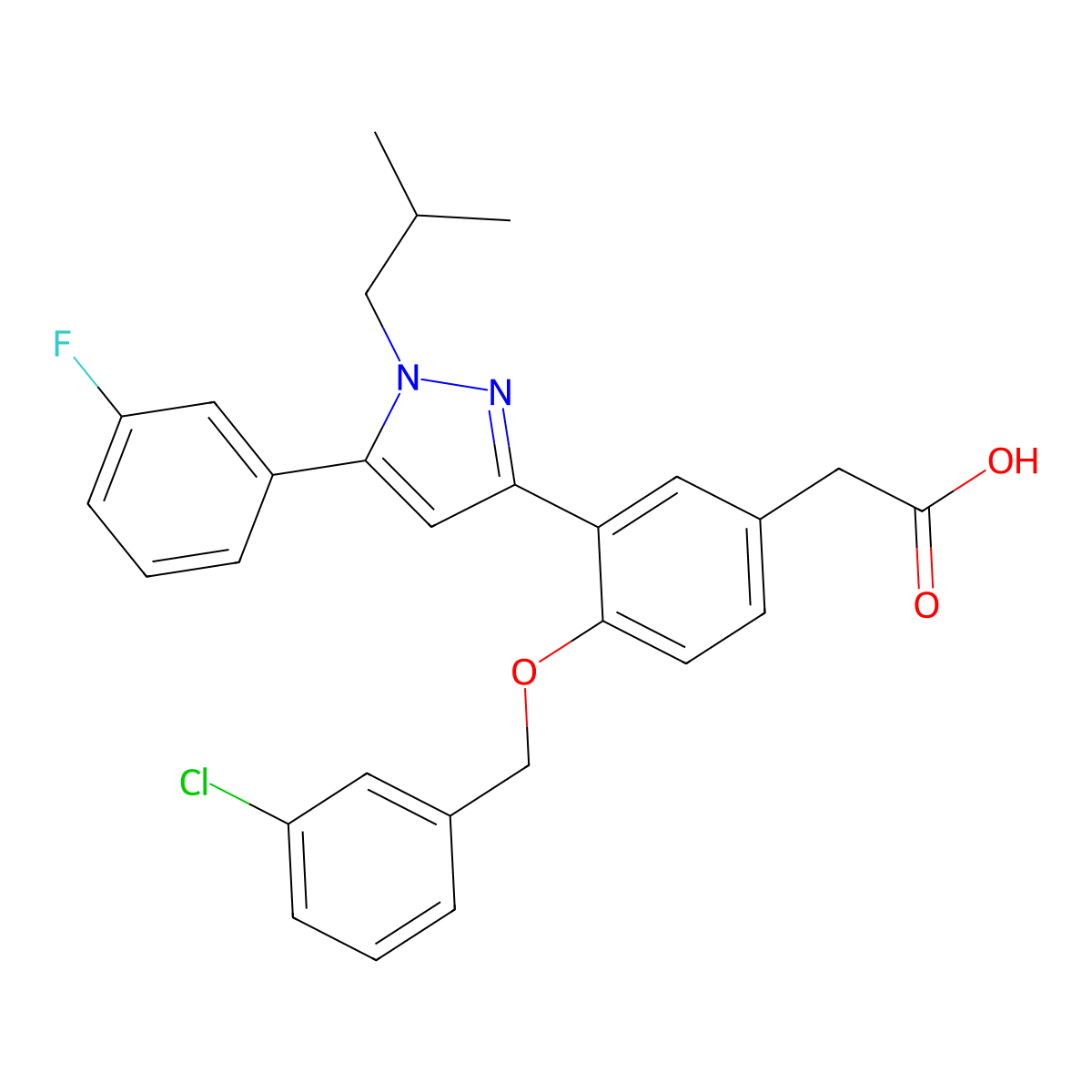 2-(4-((3-Chlorobenzyl)oxy)-3-(5-(3-fluorophenyl)-1-isobutyl-1H-pyrazol-3-YL)phenyl)acetic acid molecular structure, CAS 2061595-33-1