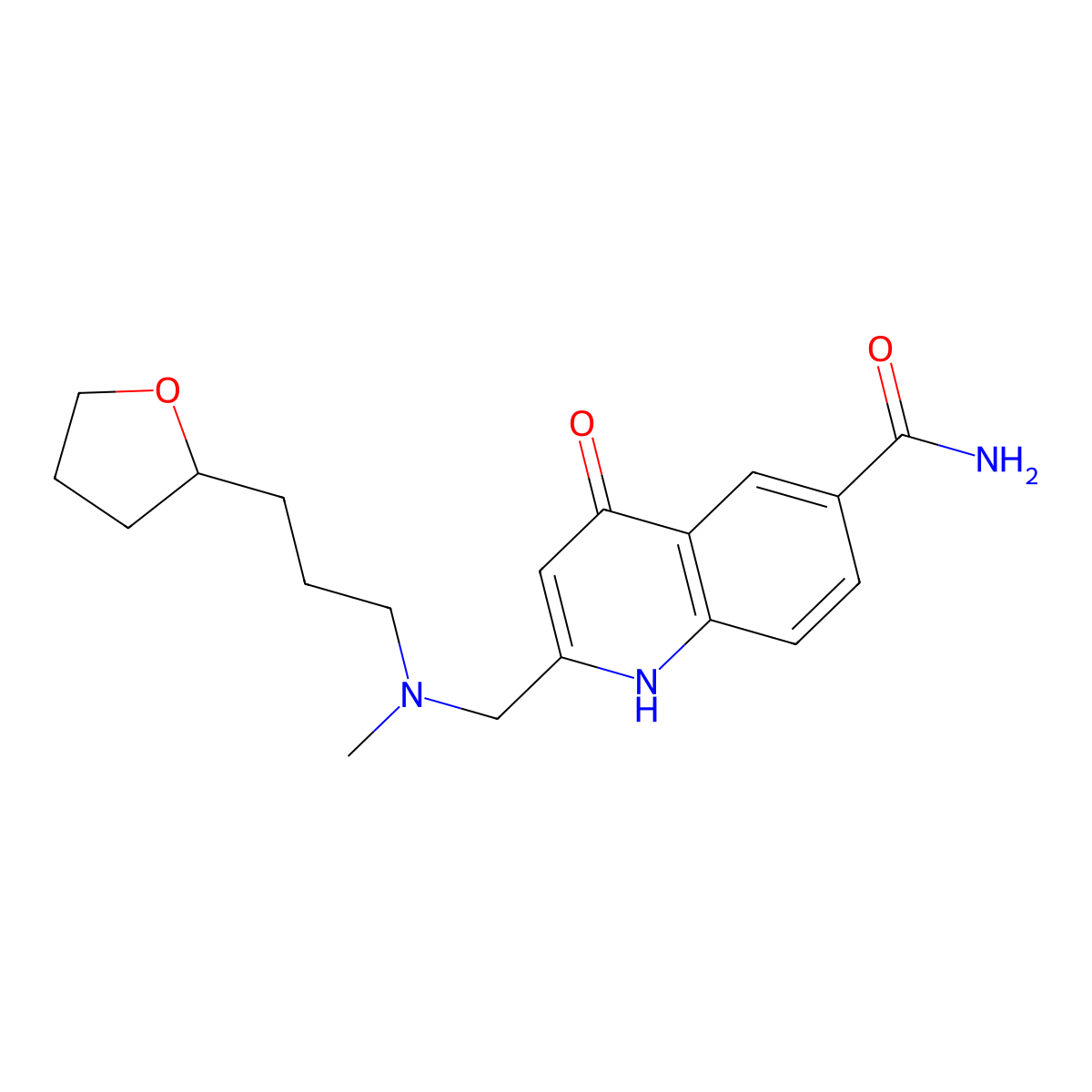 4-Hydroxy-2-({methyl[3-(tetrahydro-2-furanyl)propyl]amino}methyl)-6-quinolinecarboxamide molecular structure, CAS 2061658-30-6