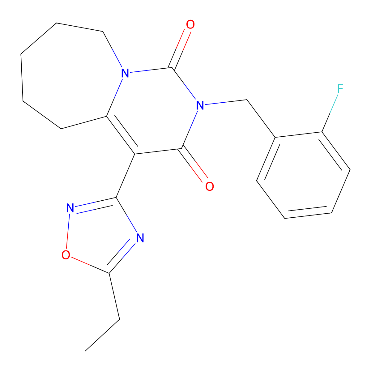 4-(5-ethyl-1,2,4-oxadiazol-3-yl)-2-(2-fluorobenzyl)-6,7,8,9-tetrahydropyrimido[1,6-a]azepine-1,3(2H,5H)-dione molecular structure, CAS 2061679-24-9