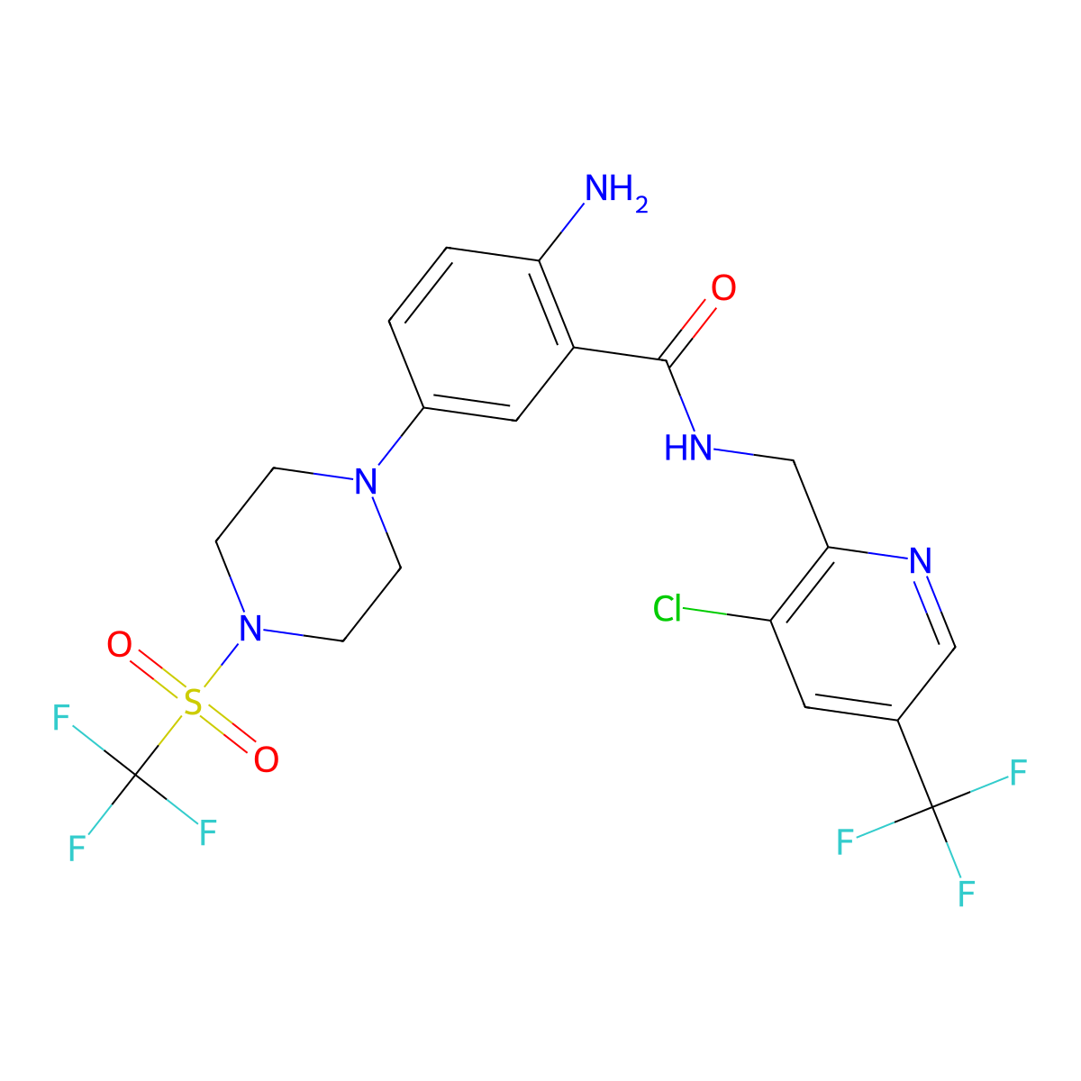 2-amino-N-{[3-chloro-5-(trifluoromethyl)pyridin-2-yl]methyl}-5-(4-trifluoromethanesulfonylpiperazin-1-yl)benzamide molecular structure, CAS 2061727-96-4