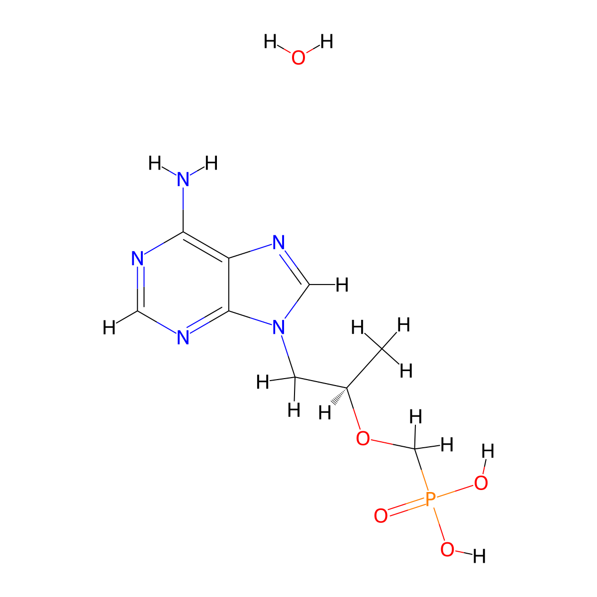 Phosphonic acid, P-(((1R)-2-(6-amino-9H-purin-9-yl)-1-methylethoxy)methyl)-, hydrate (1:1) molecular structure, CAS 206184-49-8
