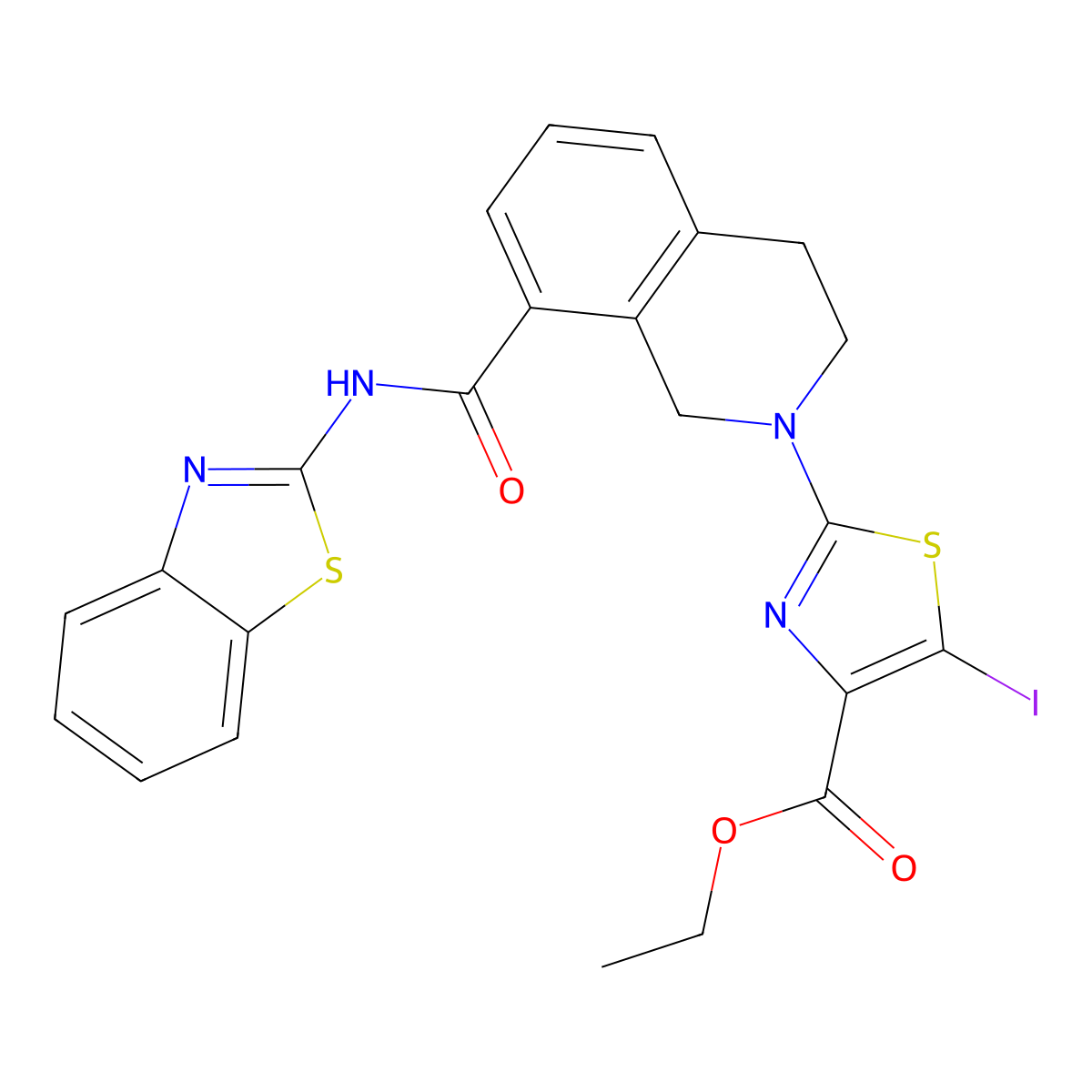 ethyl 2-(8-(benzo[d]thiazol-2-ylcarbamoyl)-3,4-dihydroisoquinolin-2(1H)-yl)-5-iodothiazole-4-carboxylate molecular structure, CAS 2061979-91-5