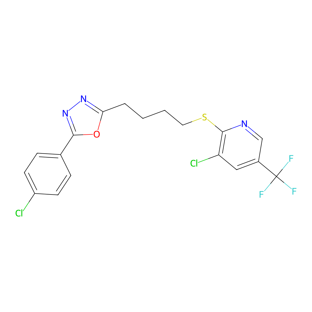 3-Chloro-2-({4-[5-(4-chlorophenyl)-1,3,4-oxadiazol-2-yl]butyl}sulfanyl)-5-(trifluoromethyl)pyridine molecular structure, CAS 2062073-72-5