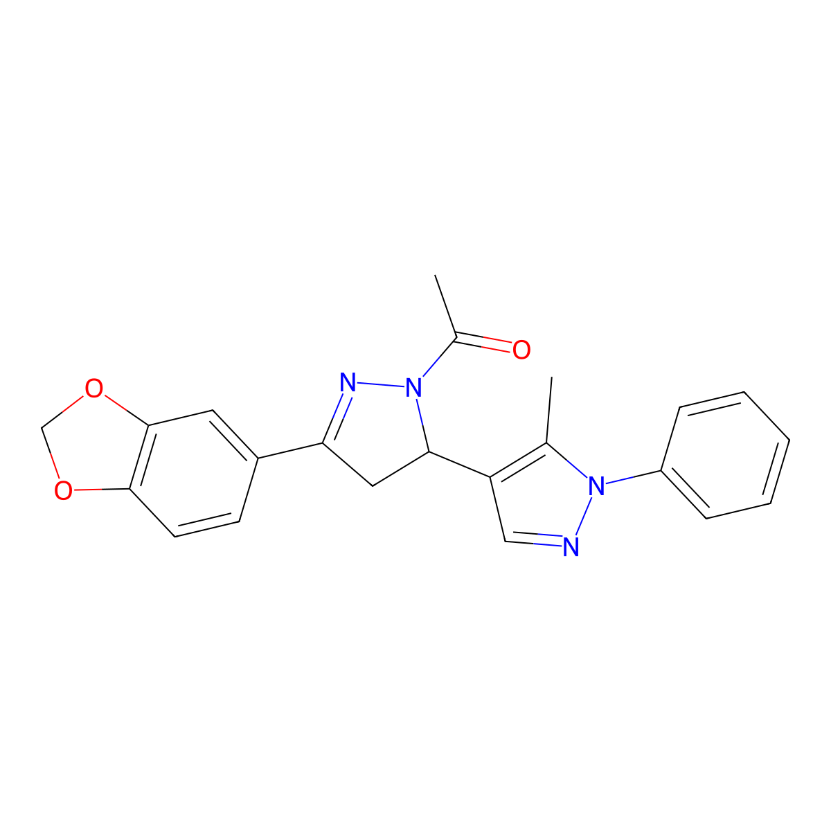 1-(5-(benzo[d][1,3]dioxol-5-yl)-5'-methyl-1'-phenyl-3,4-dihydro-1'H,2H-[3,4'-bipyrazol]-2-yl)ethanone molecular structure, CAS 2062290-21-3