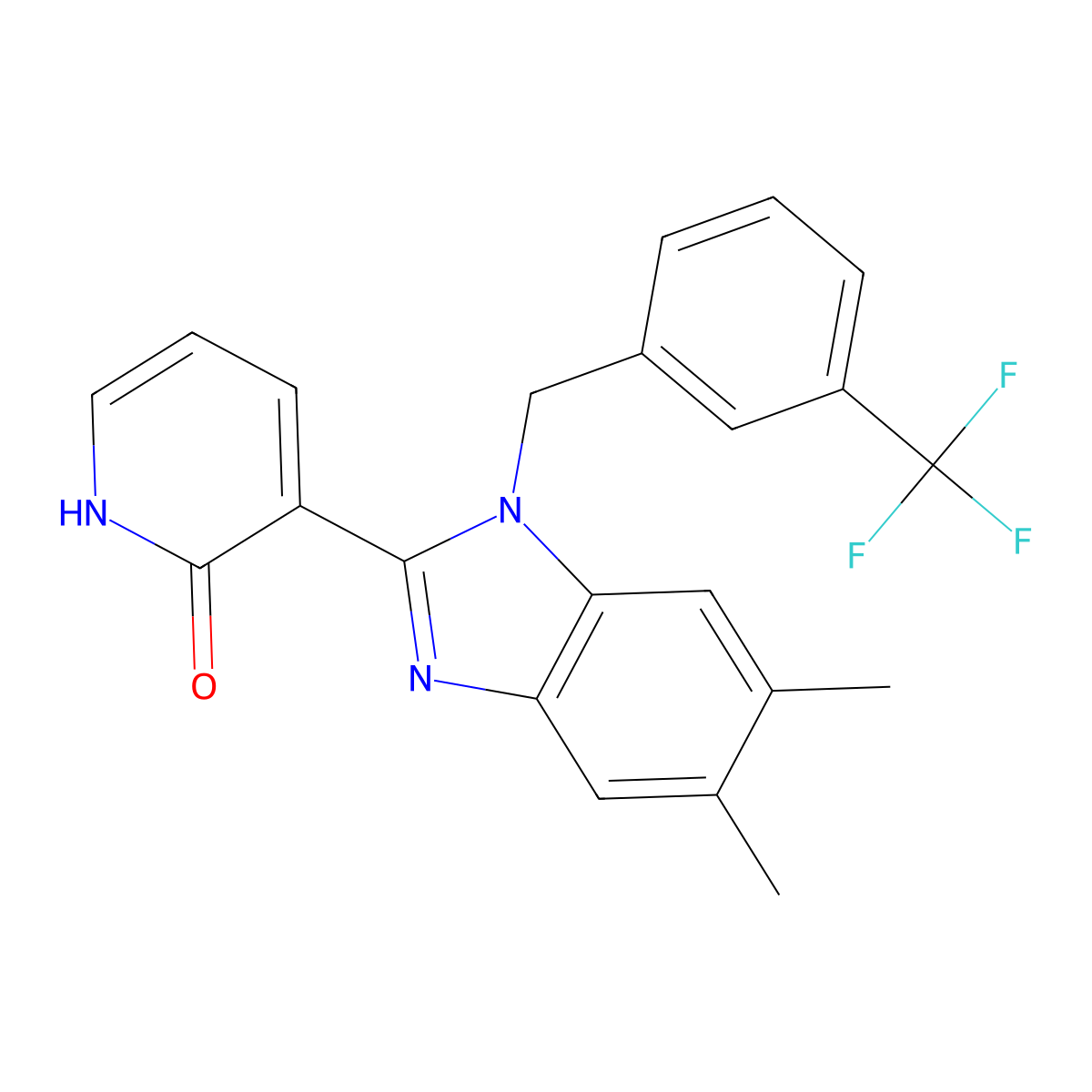 3-{5,6-dimethyl-1-[3-(trifluoromethyl)benzyl]-1H-1,3-benzimidazol-2-yl}-2(1H)-pyridinone molecular structure, CAS 2062380-08-7
