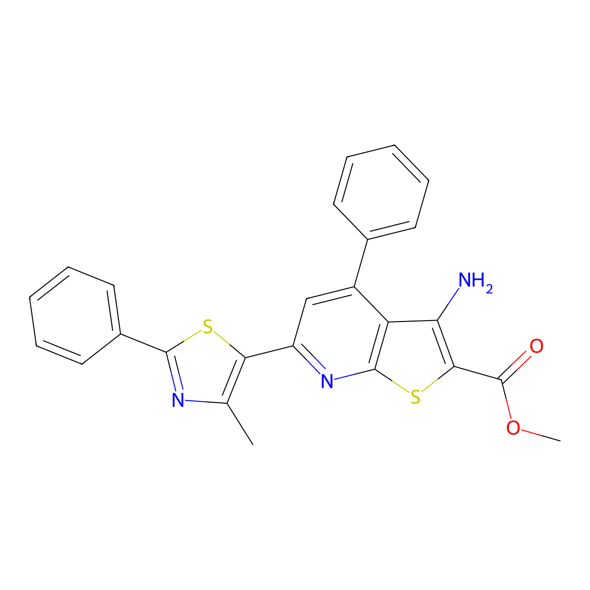 Methyl 3-amino-6-(4-methyl-2-phenyl-1,3-thiazol-5-yl)-4-phenylthieno[2,3-b]pyridine-2-carboxylate molecular structure, CAS 2062380-16-7