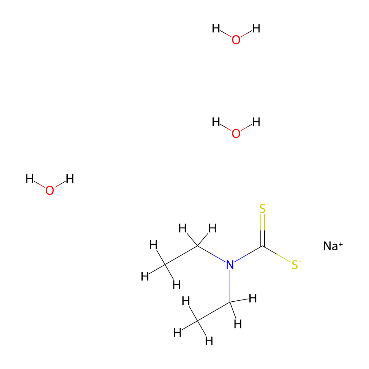 Sodium diethyldithiocarbamate trihydrate molecular structure, CAS 20624-25-3