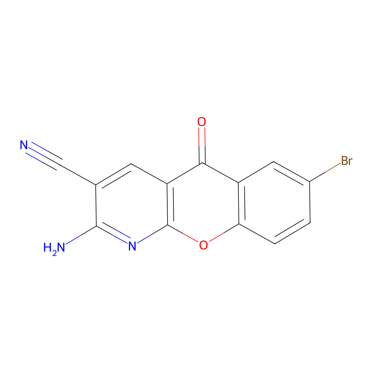 2-Amino-7-bromo-5-oxo-5H-(1)benzopyrano(2,3-b)pyridine-3-carbonitrile molecular structure, CAS 206658-80-2