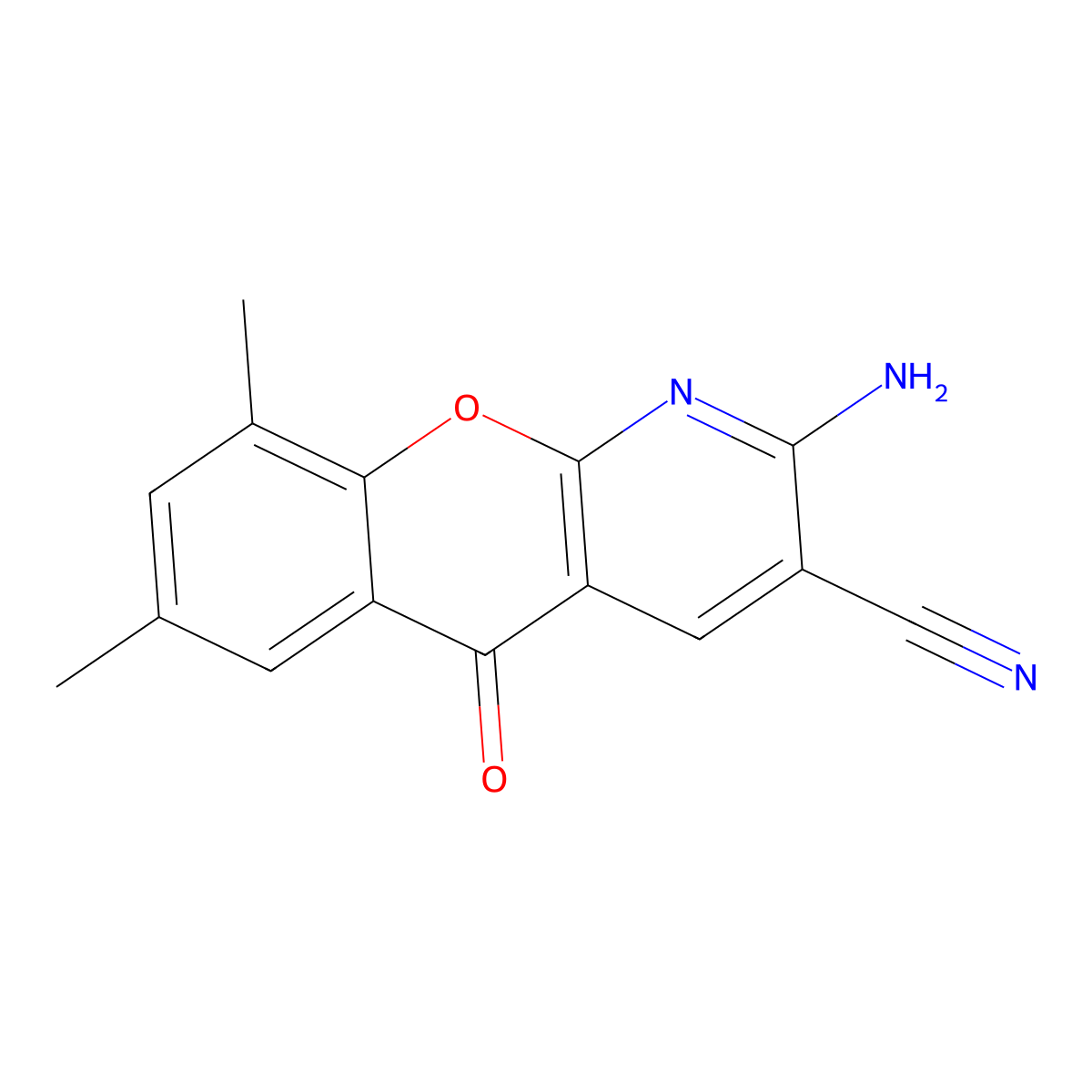 2-Amino-7,9-dimethyl-5-oxo-5H-(1)benzopyrano(2,3-b)pyridine-3-carbonitrile molecular structure, CAS 206658-82-4