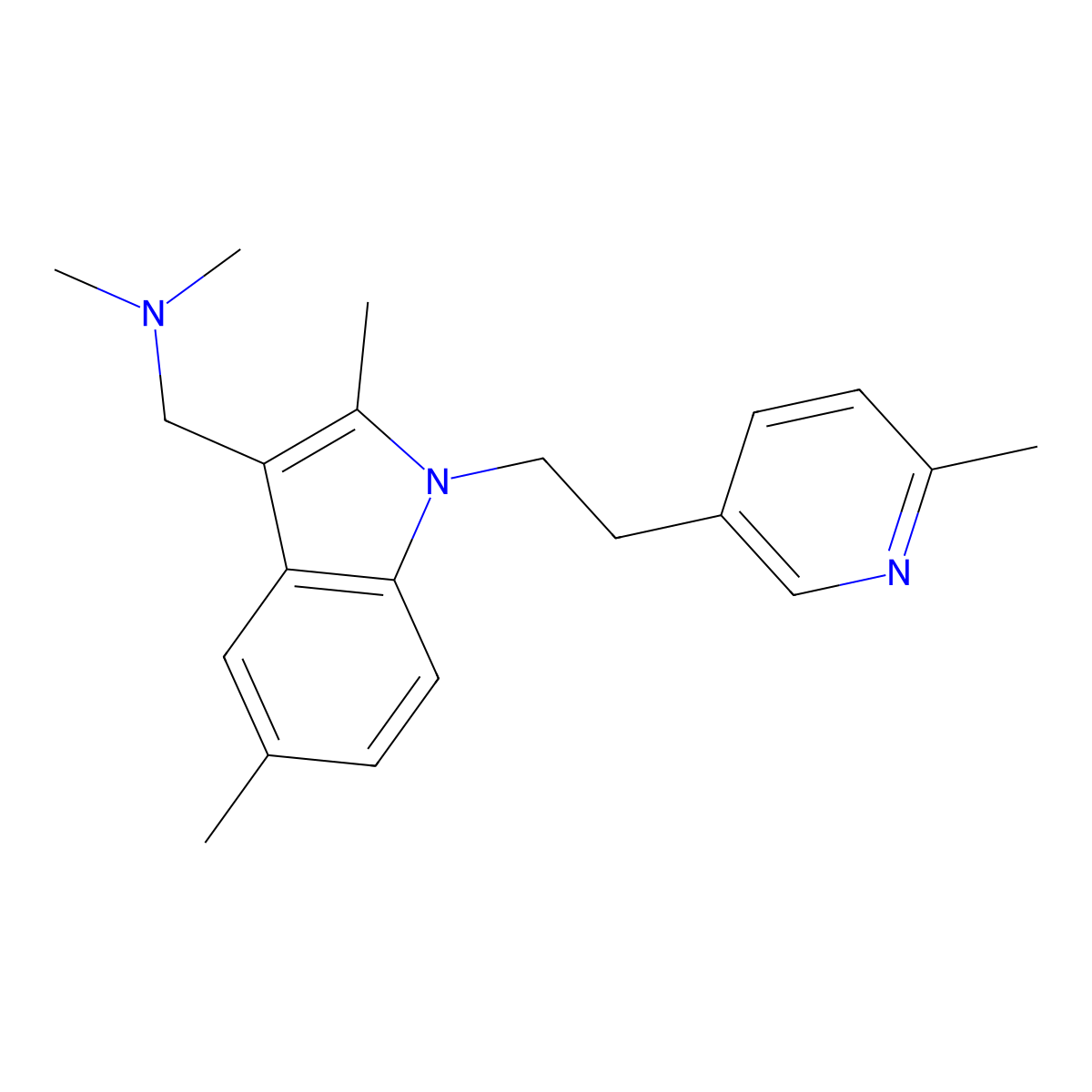 Indole, 3-((dimethylamino)methyl)-2,5-dimethyl-1-(2-(6-methyl-3-pyridyl)ethyl)- molecular structure, CAS 20675-08-5