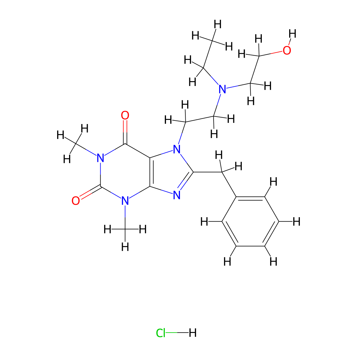 1H-Purine-2,6-dione, 7-(2-(ethyl(2-hydroxyethyl)amino)ethyl)-3,7-dihydro-1,3-dimethyl-8-(phenylmethyl)-, hydrochloride (1:1) molecular structure, CAS 20684-06-4
