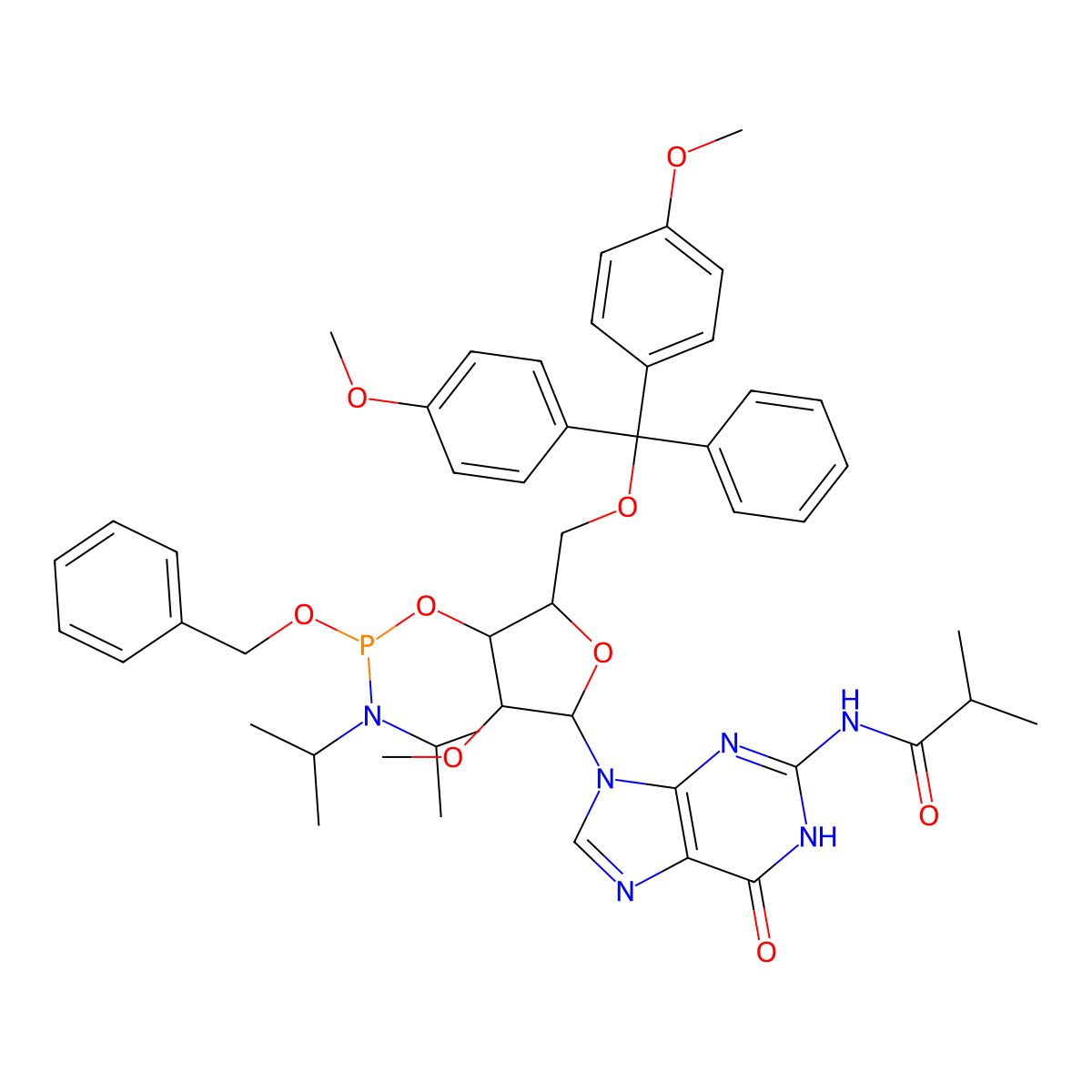 N-[9-[(2R,3R,4R,5R)-5-[[bis(4-methoxyphenyl)-phenylmethoxy]methyl]-4-[[di(propan-2-yl)amino]-phenylmethoxyphosphanyl]oxy-3-methoxyoxolan-2-yl]-6-oxo-1H-purin-2-yl]-2-methylpropanamide molecular structure, CAS 2068810-62-6