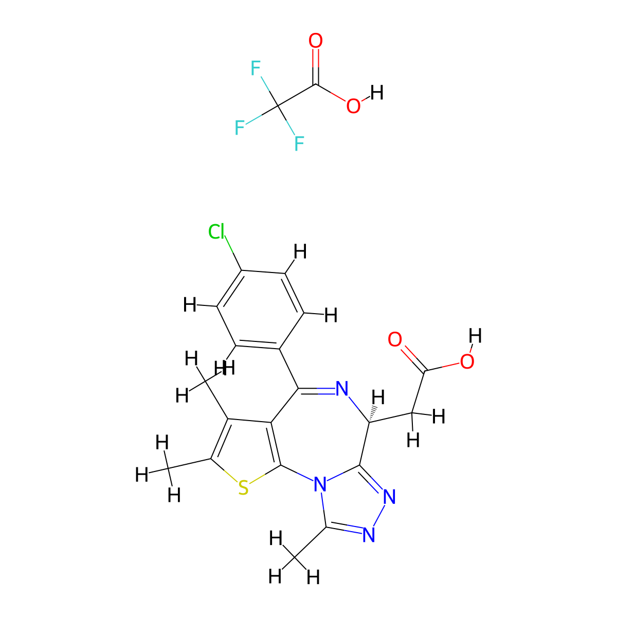 2-[(9S)-7-(4-chlorophenyl)-4,5,13-trimethyl-3-thia-1,8,11,12-tetraazatricyclo[8.3.0.0,2,6]trideca-2(6),4,7,10,12-pentaen-9-yl]acetic acid; trifluoroacetic acid molecular structure, CAS 2069219-37-8