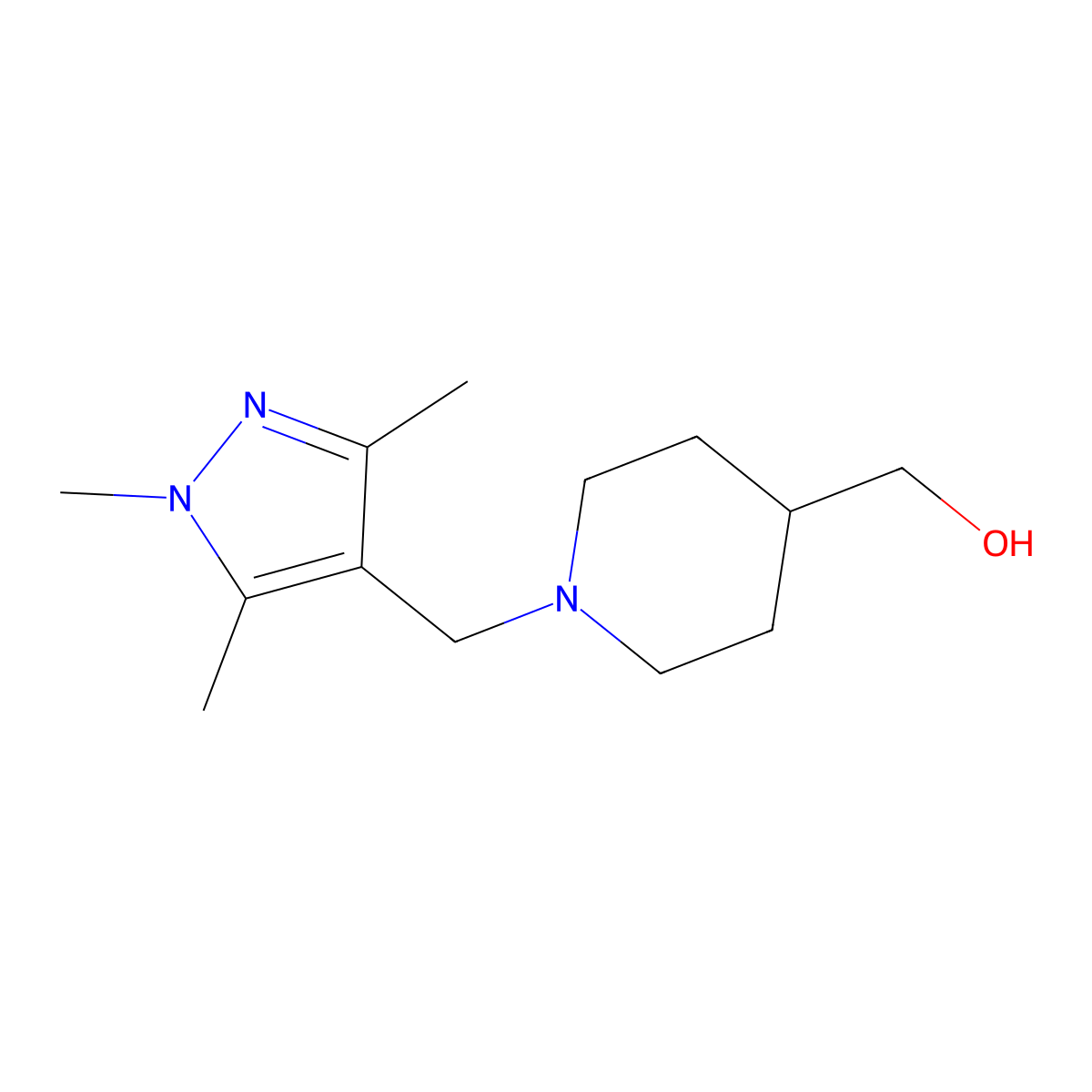(1-((1,3,5-trimethyl-1H-pyrazol-4-yl)methyl)piperidin-4-yl)methanol molecular structure, CAS 2069335-34-6