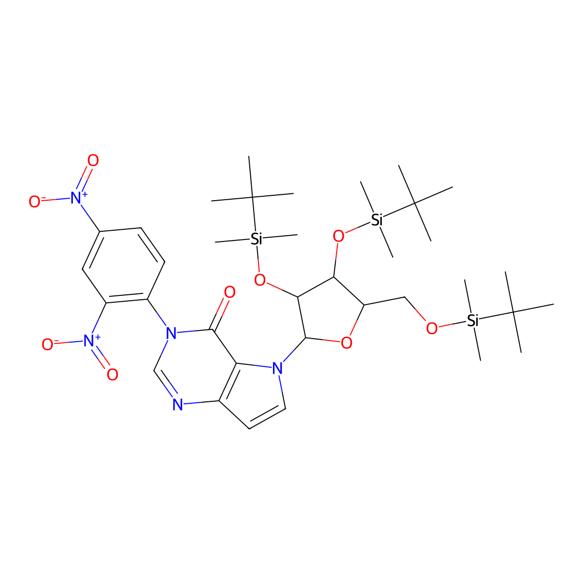 5-((2R,3R,4R,5R)-3,4-bis((tert-butyldimethylsilyl)oxy)-5-(((tert-butyldimethylsilyl)oxy)methyl)tetrahydrofuran-2-yl)-3-(2,4-dinitrophenyl)-3H-pyrrolo[3,2-d]pyrimidin-4(5H)-one molecular structure, CAS 2070009-52-6