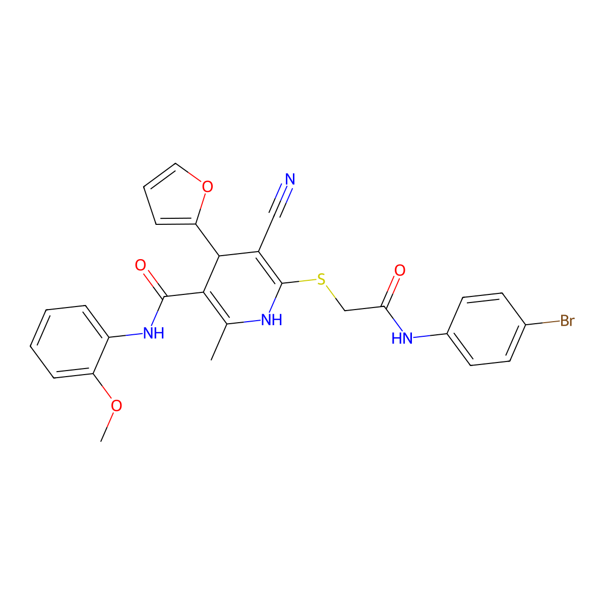 6-[2-(4-bromoanilino)-2-oxoethyl]sulfanyl-5-cyano-4-(furan-2-yl)-N-(2-methoxyphenyl)-2-methyl-1,4-dihydropyridine-3-carboxamide molecular structure, CAS 207003-73-4