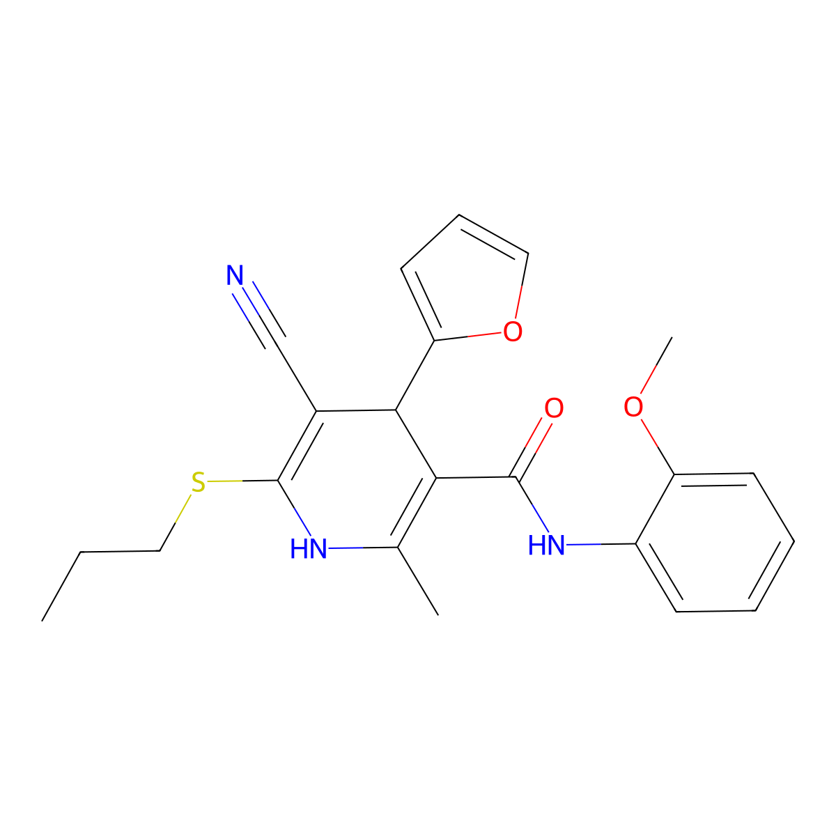 5-cyano-4-(furan-2-yl)-N-(2-methoxyphenyl)-2-methyl-6-(propylsulfanyl)-1,4-dihydropyridine-3-carboxamide molecular structure, CAS 207003-74-5