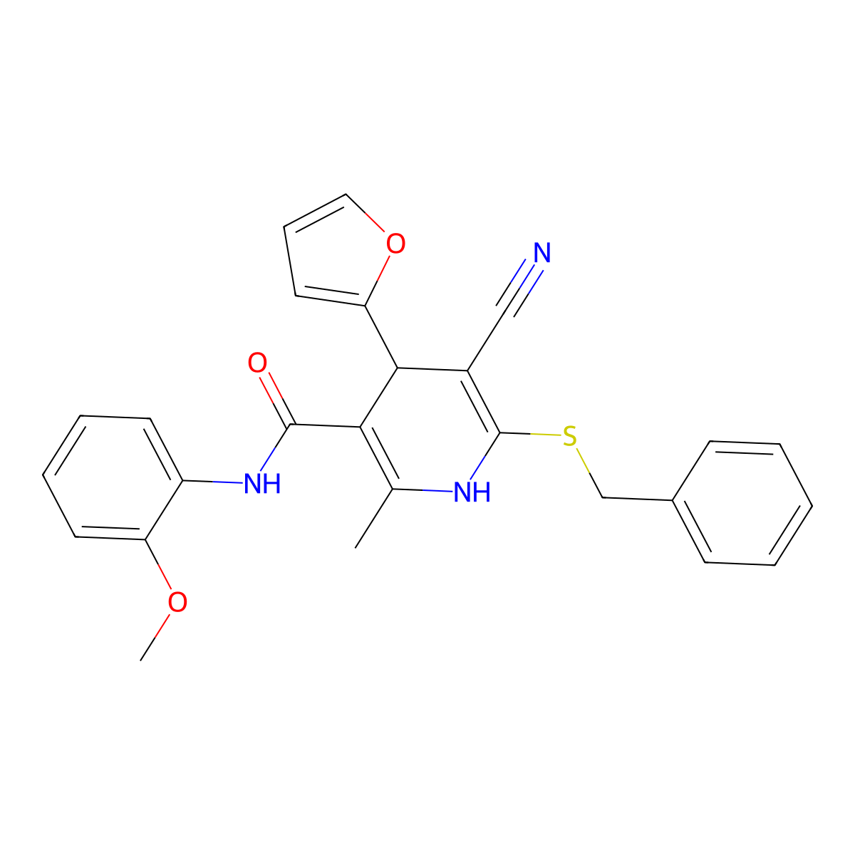6-benzylsulfanyl-5-cyano-4-(furan-2-yl)-N-(2-methoxyphenyl)-2-methyl-1,4-dihydropyridine-3-carboxamide molecular structure, CAS 207003-75-6