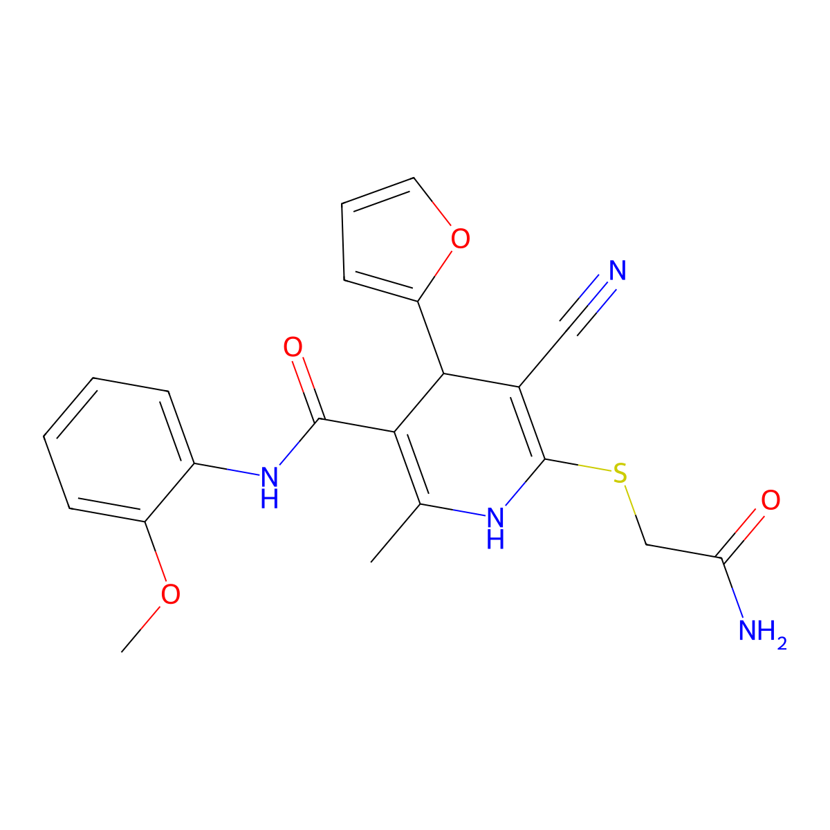 6-(2-amino-2-oxoethyl)sulfanyl-5-cyano-4-(furan-2-yl)-N-(2-methoxyphenyl)-2-methyl-1,4-dihydropyridine-3-carboxamide molecular structure, CAS 207003-77-8