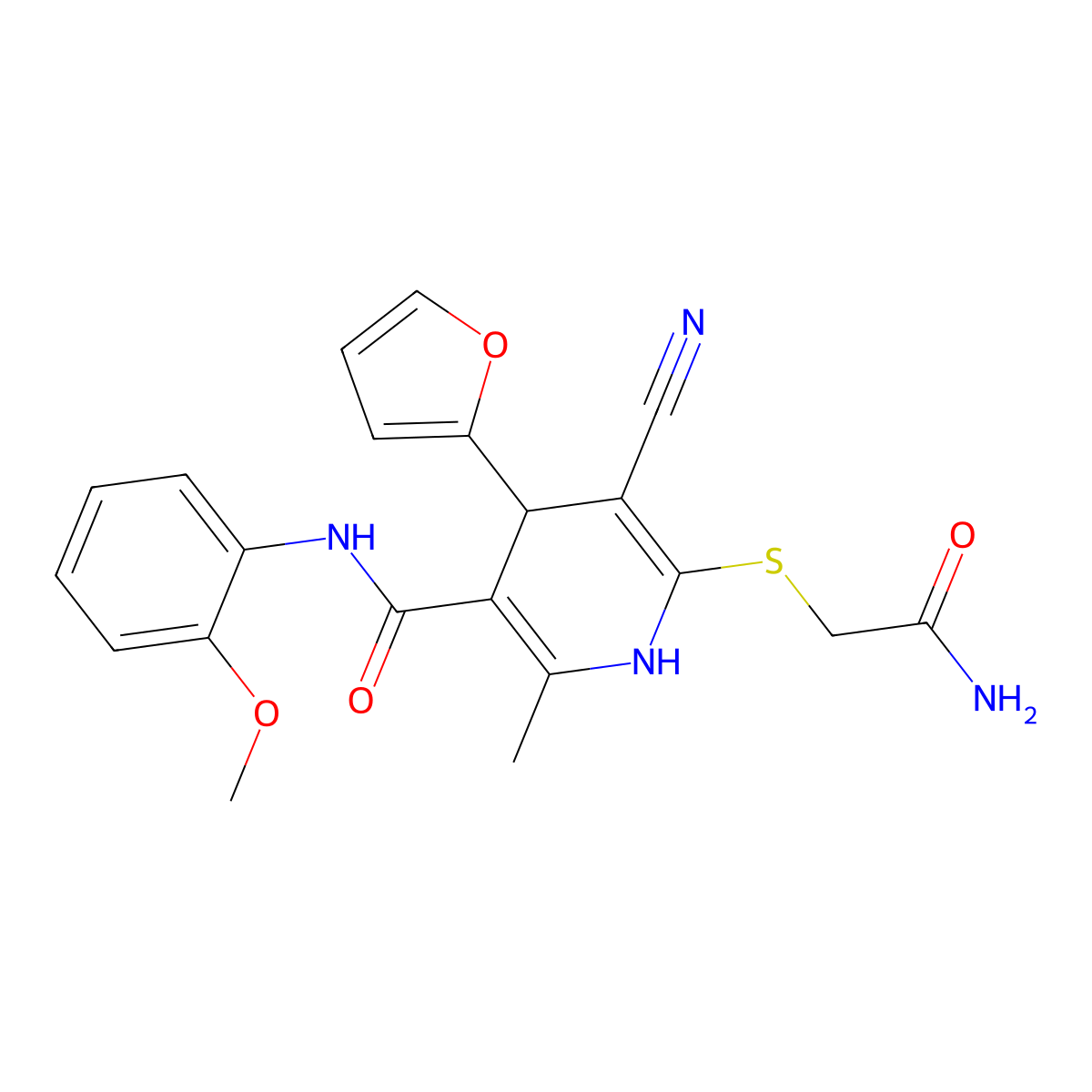 6-(2-amino-2-oxoethyl)sulfanyl-5-cyano-4-(furan-2-yl)-N-(2-methoxyphenyl)-2-methyl-1,4-dihydropyridine-3-carboxamide molecular structure, CAS 207003-77-8
