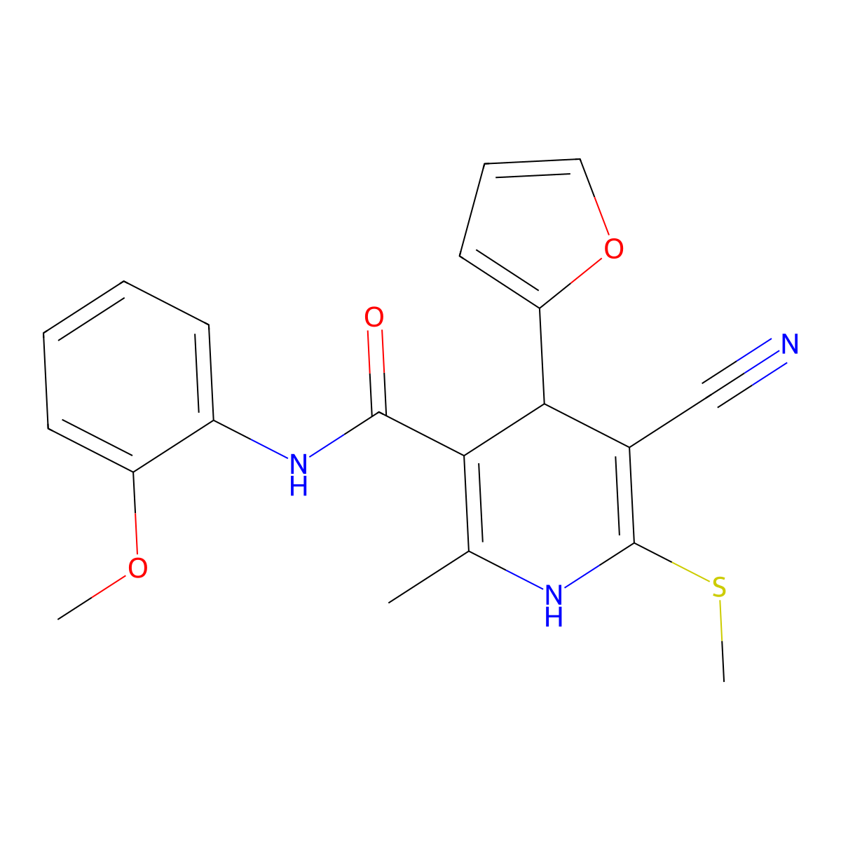 5-cyano-4-(furan-2-yl)-N-(2-methoxyphenyl)-2-methyl-6-(methylsulfanyl)-1,4-dihydropyridine-3-carboxamide molecular structure, CAS 207003-78-9