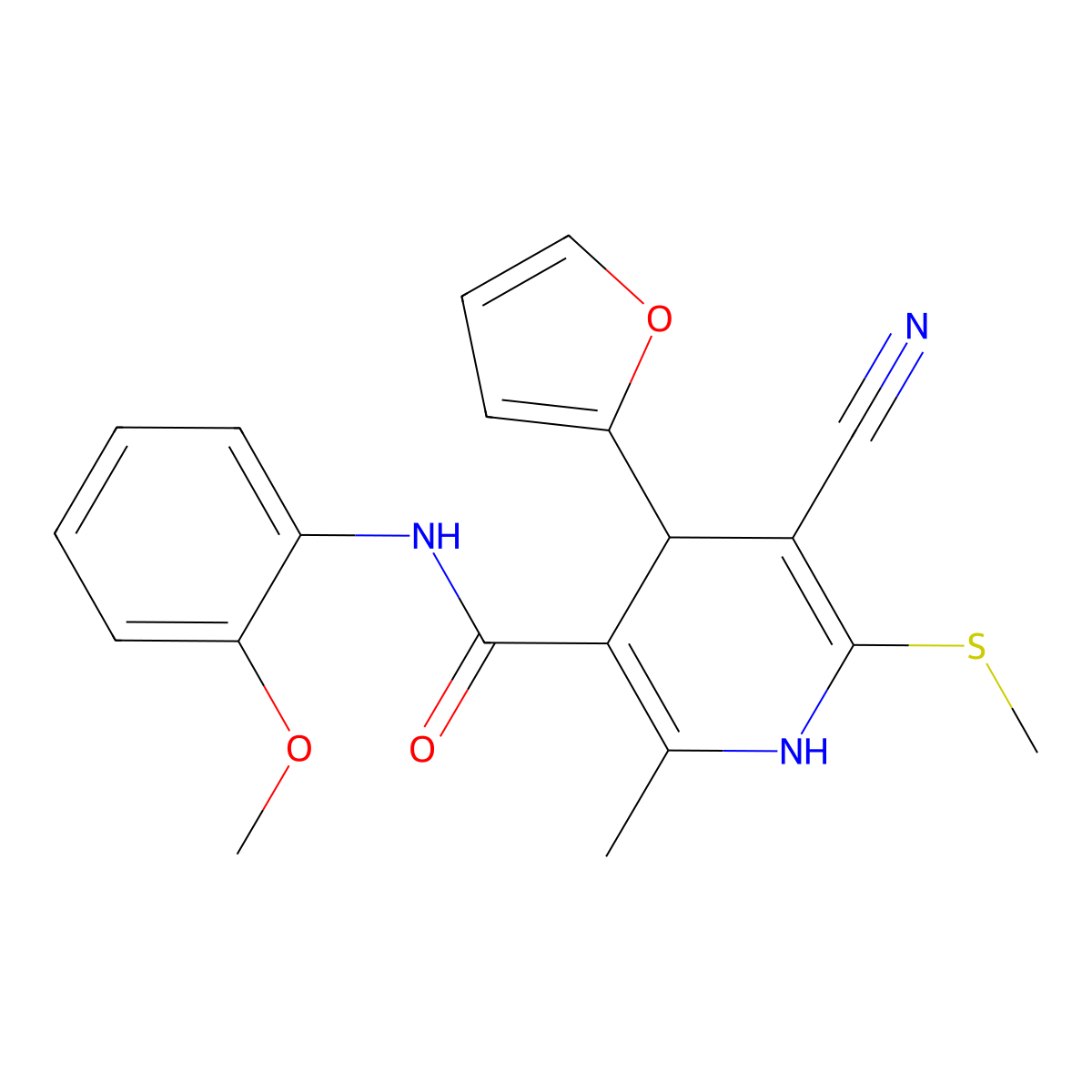 5-cyano-4-(furan-2-yl)-N-(2-methoxyphenyl)-2-methyl-6-(methylsulfanyl)-1,4-dihydropyridine-3-carboxamide molecular structure, CAS 207003-78-9