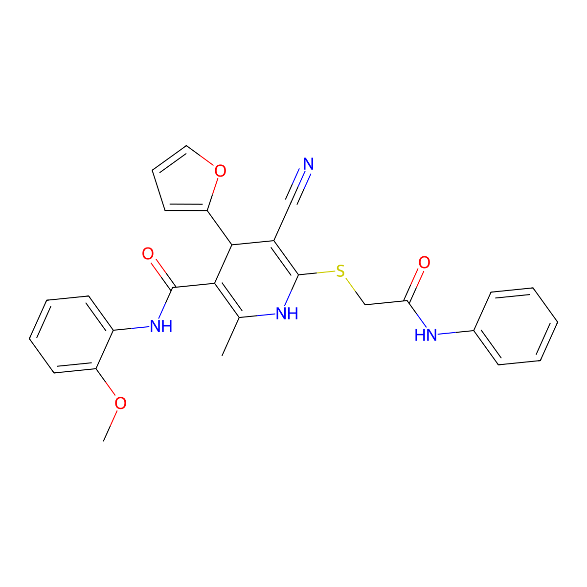 5-cyano-4-(furan-2-yl)-N-(2-methoxyphenyl)-2-methyl-6-((2-oxo-2-(phenylamino)ethyl)thio)-1,4-dihydropyridine-3-carboxamide molecular structure, CAS 207003-79-0