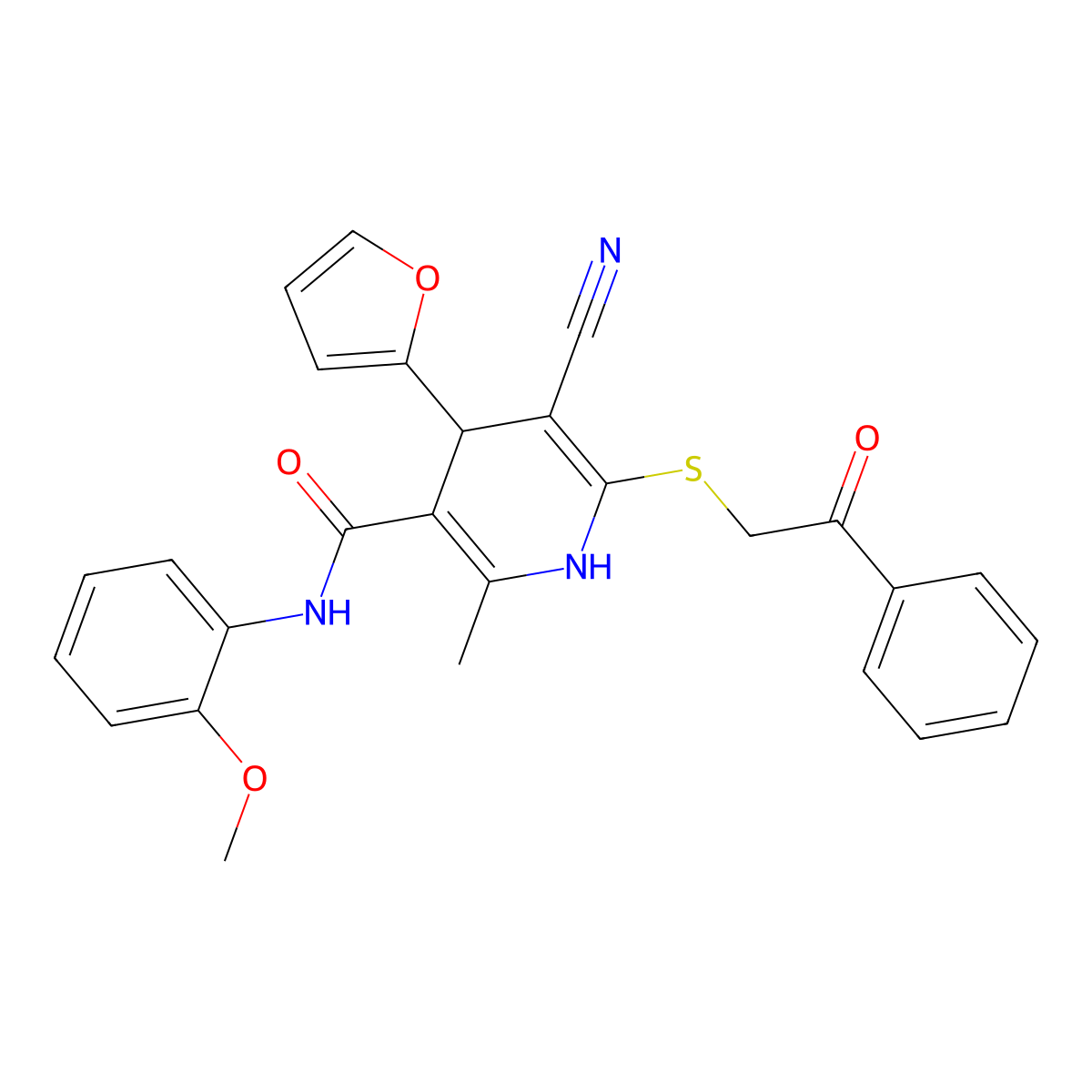 5-cyano-4-(furan-2-yl)-N-(2-methoxyphenyl)-2-methyl-6-[(2-oxo-2-phenylethyl)sulfanyl]-1,4-dihydropyridine-3-carboxamide molecular structure, CAS 207003-81-4