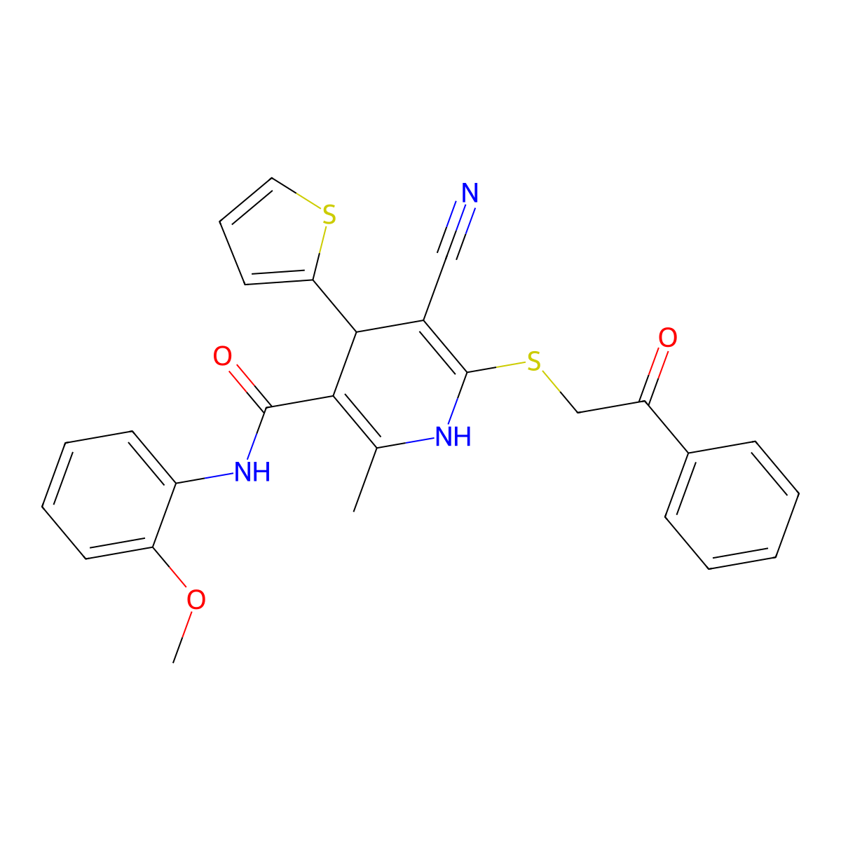 5-cyano-N-(2-methoxyphenyl)-2-methyl-6-((2-oxo-2-phenylethyl)thio)-4-(thiophen-2-yl)-1,4-dihydropyridine-3-carboxamide molecular structure, CAS 207003-83-6
