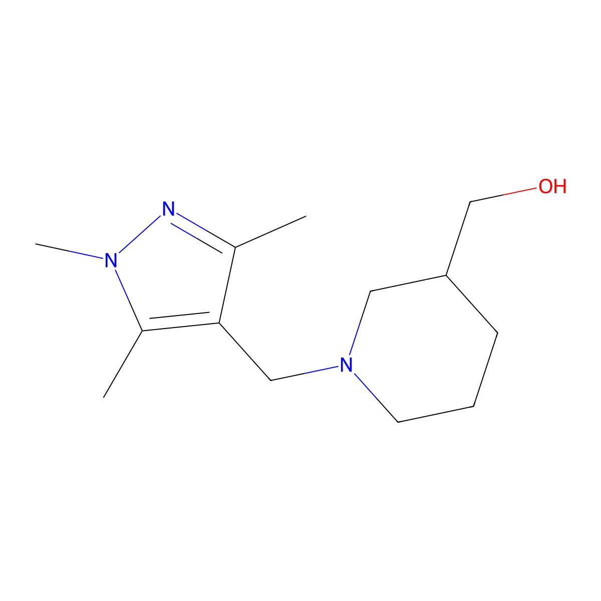 (1-((1,3,5-trimethyl-1H-pyrazol-4-yl)methyl)piperidin-3-yl)methanol molecular structure, CAS 2072233-10-2