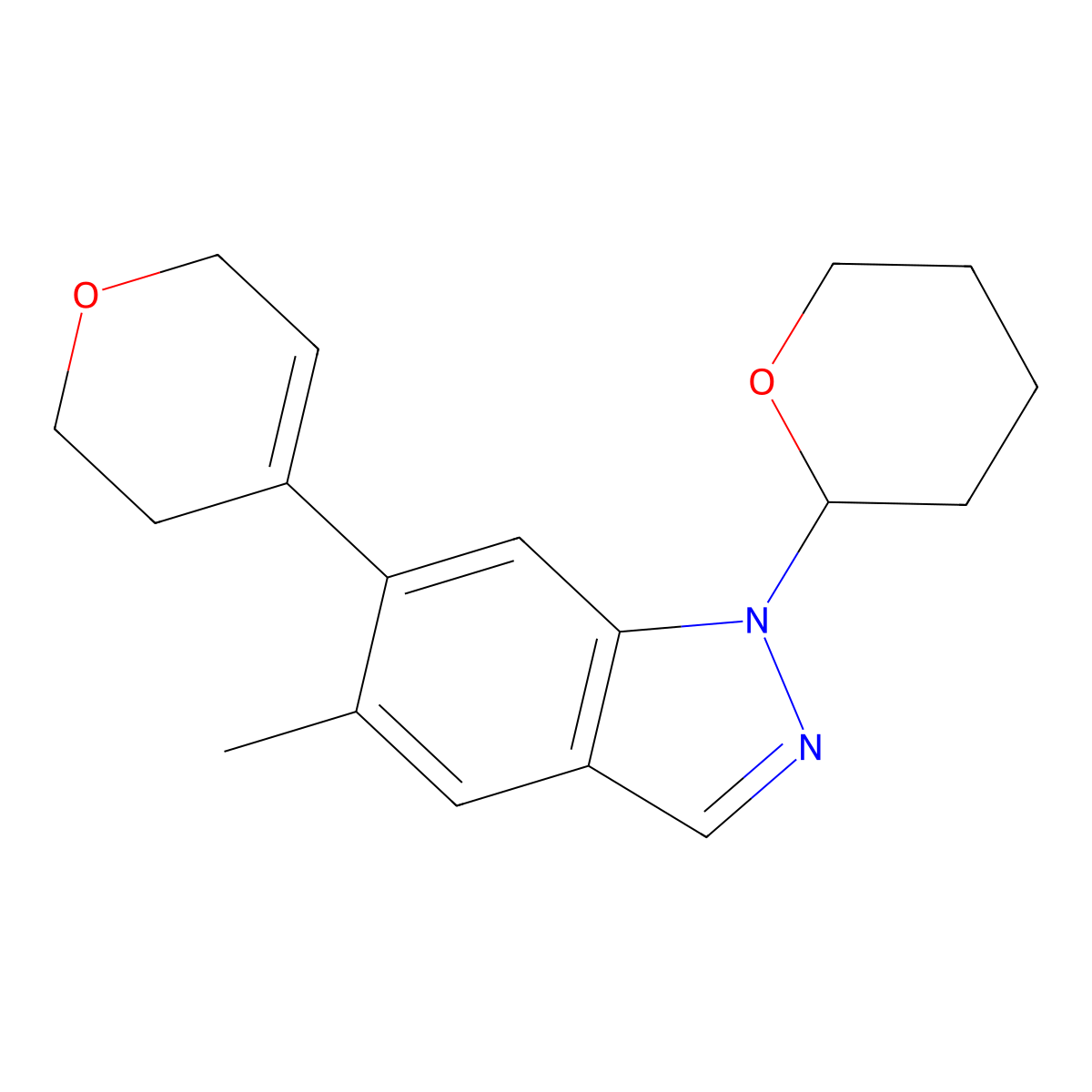 6-(3,6-Dihydro-2H-pyran-4-yl)-5-methyl-1-(tetrahydro-2H-pyran-2-yl)-1H-indazole molecular structure, CAS 2072805-77-5