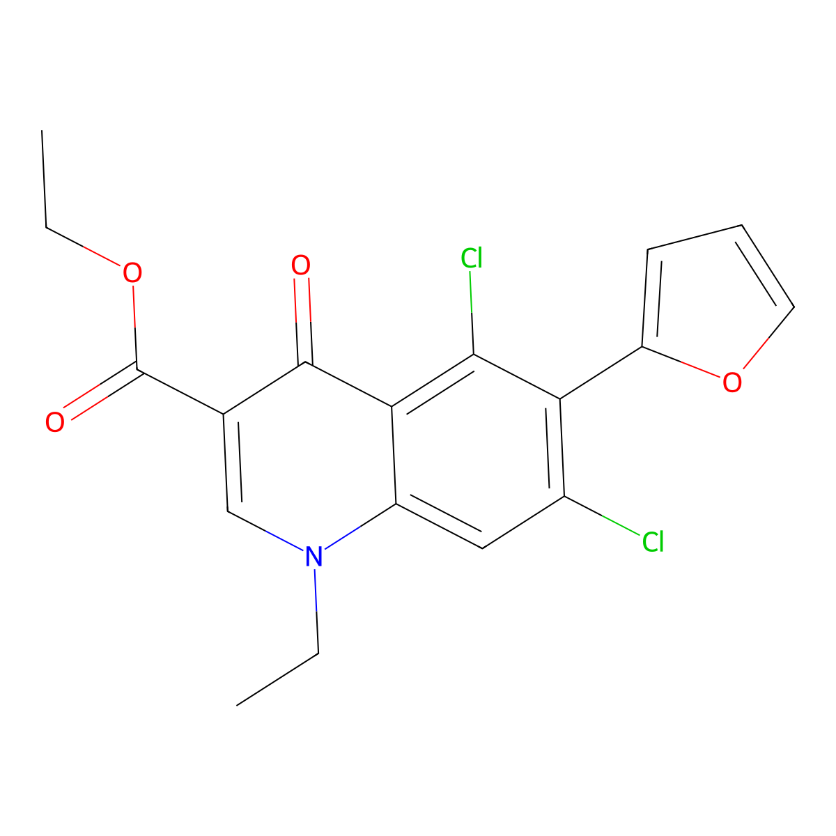 Ethyl 5,7-dichloro-1-ethyl-6-(furan-2-yl)-4-oxo-1,4-dihydroquinoline-3-carboxylate molecular structure, CAS 207399-48-2