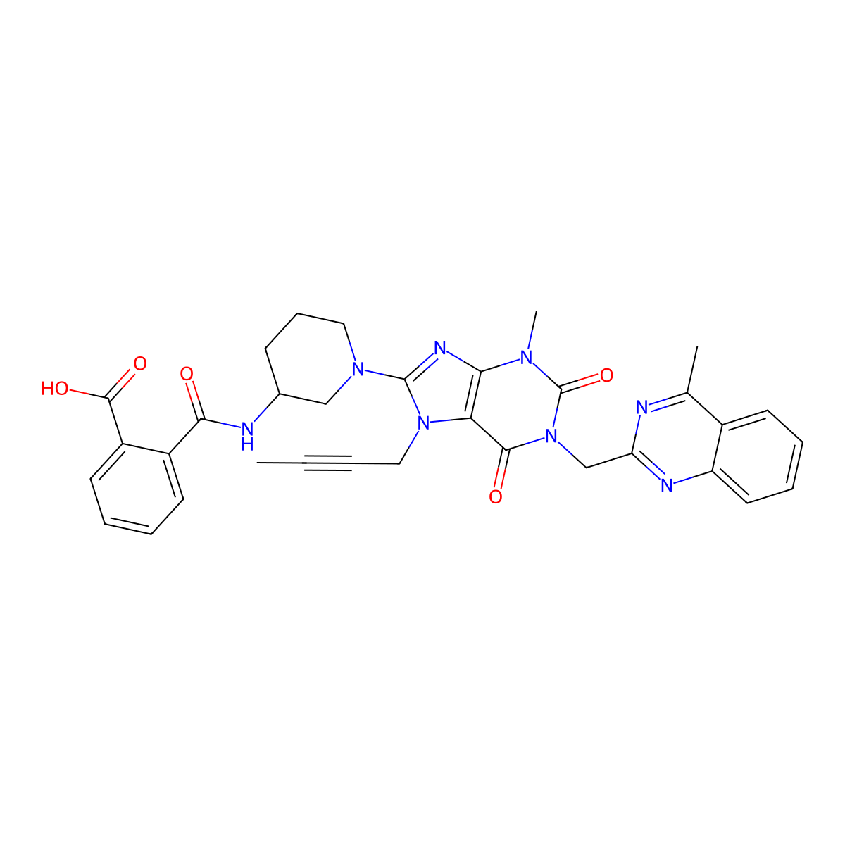 (R)-2-((1-(7-(but-2-yn-1-yl)-3-methyl-1-((4-methylquinazolin-2-yl)methyl)-2,6-dioxo-2,3,6,7-tetrahydro-1H-purin-8-yl)piperidin-3-yl)carbamoyl)benzoic acid molecular structure, CAS 2074688-81-4