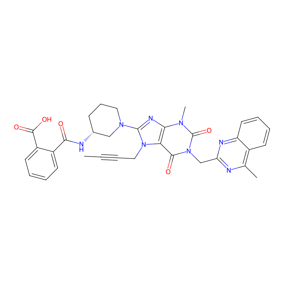 (R)-2-((1-(7-(but-2-yn-1-yl)-3-methyl-1-((4-methylquinazolin-2-yl)methyl)-2,6-dioxo-2,3,6,7-tetrahydro-1H-purin-8-yl)piperidin-3-yl)carbamoyl)benzoic acid molecular structure, CAS 2074688-81-4