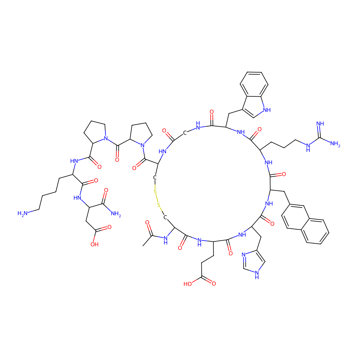 (3S)-3-[[(2S)-2-[[(2S)-1-[(2S)-1-[(4R,10S,13S,16R,19S,22S,25R)-25-acetamido-13-(3-carbamimidamidopropyl)-22-(2-carboxyethyl)-19-(1H-imidazol-4-ylmethyl)-10-(1H-indol-3-ylmethyl)-16-(naphthalen-2-ylmethyl)-6,9,12,15,18,21,24-heptaoxo-1,2-dithia-5,8,11,14,17,20,23-heptazacyclohexacosane-4-carbonyl]pyrrolidine-2-carbonyl]pyrrolidine-2-carbonyl]amino]-6-aminohexanoyl]amino]-4-amino-4-oxobutanoic acid molecular structure, CAS 207678-81-7