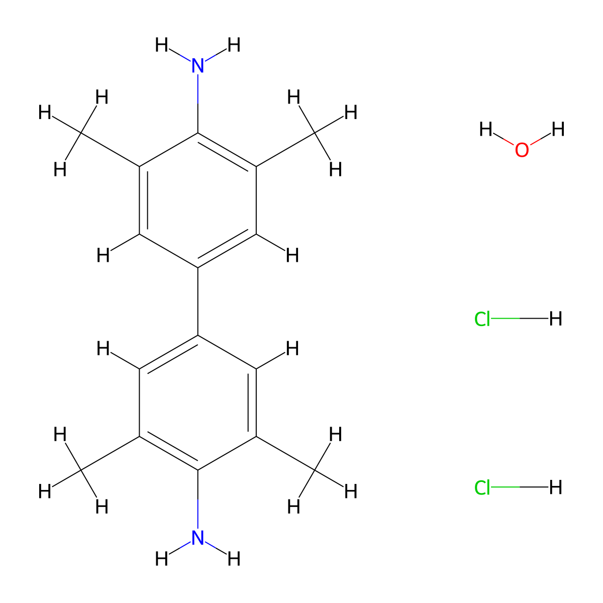 3,3',5,5'-Tetramethyl(1,1'-biphenyl)-4,4'-diamine--hydrogen chloride--water (1/2/1) molecular structure, CAS 207738-08-7