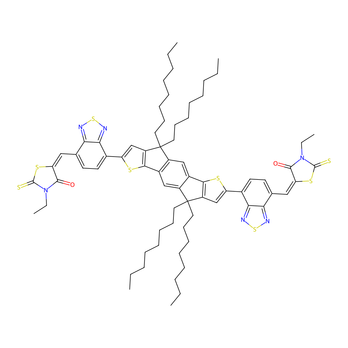 3-Ethyl-5-[[4-[15-[7-[(3-ethyl-4-oxo-2-sulfanylidene-1,3-thiazolidin-5-ylidene)methyl]-2,1,3-benzothiadiazol-4-yl]-9,9,18,18-tetraoctyl-5,14-dithiapentacyclo[10.6.0.03,10.04,8.013,17]octadeca-1(12),2,4(8),6,10,13(17),15-heptaen-6-yl]-2,1,3-benzothiadiazol-7-yl]methylidene]-2-sulfanylidene-1,3-thiazolidin-4-one molecular structure, CAS 2077945-91-4