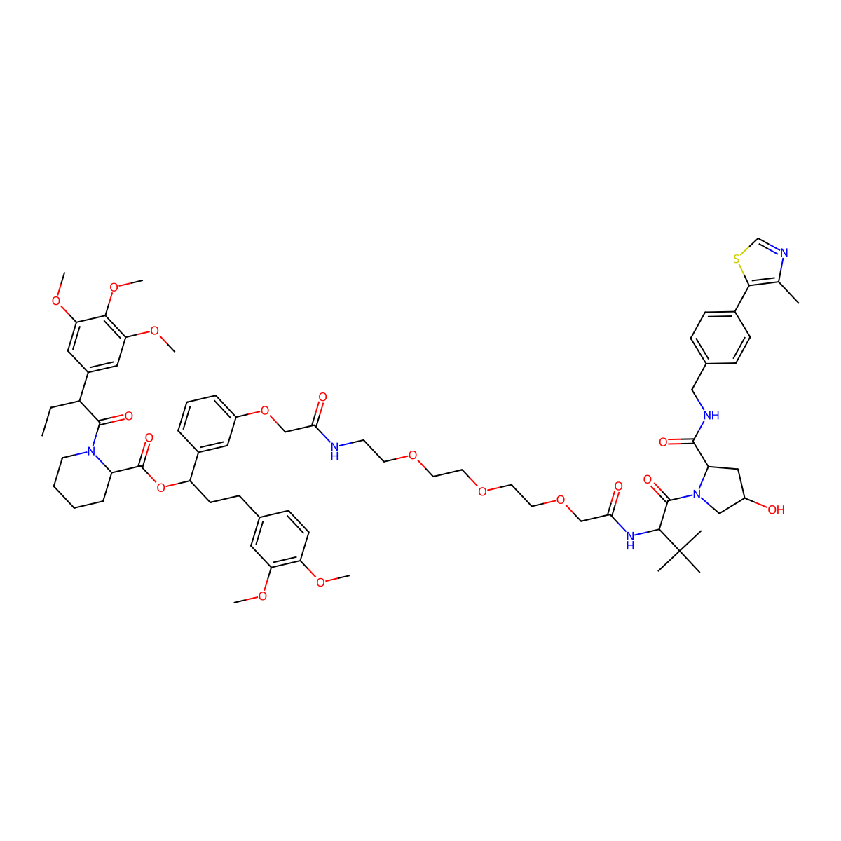 (1R)-3-(3,4-dimethoxyphenyl)-1-(3-{[(2-{2-[2-({[(2S)-1-[(2S,4R)-4-hydroxy-2-({[4-(4-methyl-1,3-thiazol-5-yl)phenyl]methyl}carbamoyl)pyrrolidin-1-yl]-3,3-dimethyl-1-oxobutan-2-yl]carbamoyl}methoxy)ethoxy]ethoxy}ethyl)carbamoyl]methoxy}phenyl)propyl (2S)-1-[(2S)-2-(3,4,5-trimethoxyphenyl)butanoyl]piperidine-2-carboxylate molecular structure, CAS 2079056-43-0