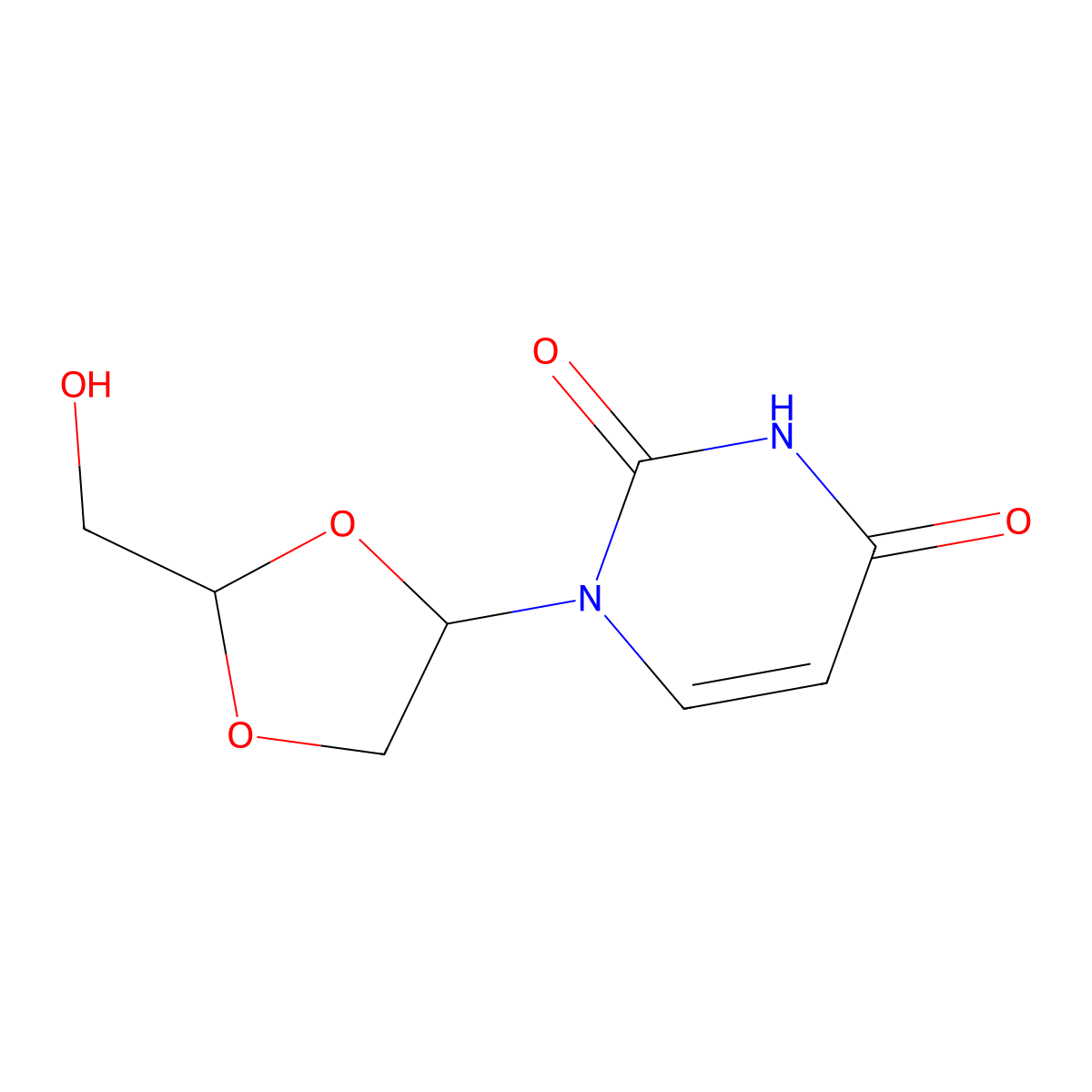 1-[(2S,4S)-2-(hydroxymethyl)-1,3-dioxolan-4-yl]pyrimidine-2,4-dione molecular structure, CAS 207920-78-3