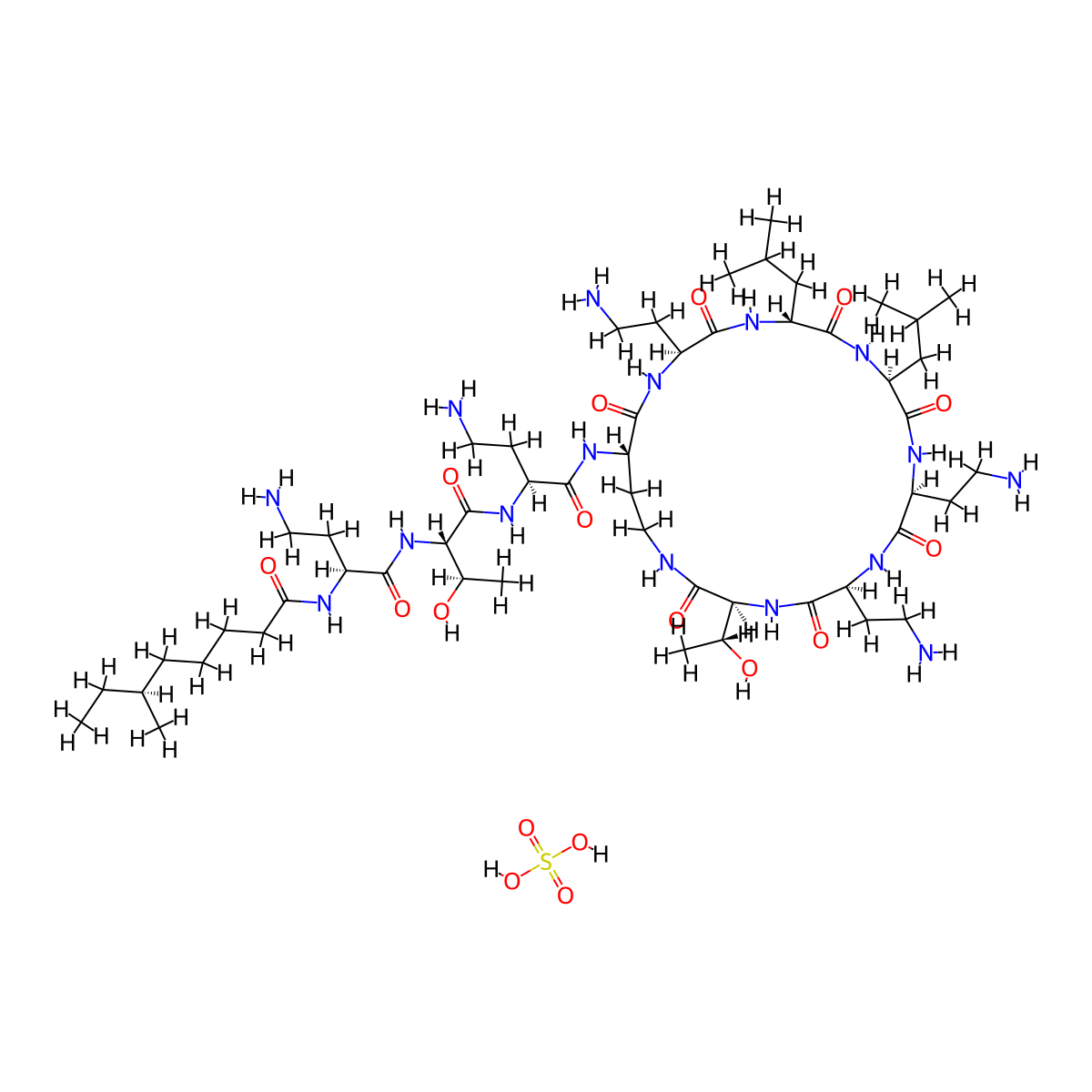 (S)-N-((S)-4-amino-1-(((2S,3R)-1-(((S)-4-amino-1-oxo-1-(((3S,6S,9S,12S,15R,18S,21S)-6,9,18-tris(2-aminoethyl)-3-((R)-1-hydroxyethyl)-12,15-diisobutyl-2,5,8,11,14,17,20-heptaoxo-1,4,7,10,13,16,19-heptaazacyclotricosan-21-yl)amino)butan-2-yl)amino)-3-hydroxy-1-oxobutan-2-yl)amino)-1-oxobutan-2-yl)-6-methyloctanamide sulfate molecular structure, CAS 207990-63-4