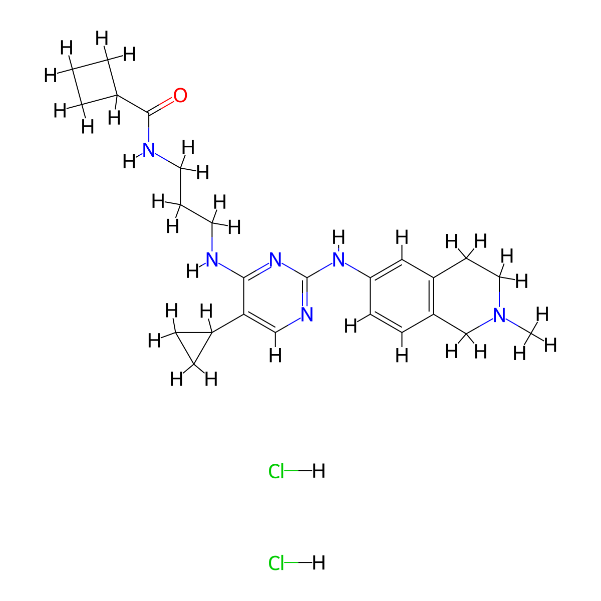 N-(3-((5-cyclopropyl-2-((2-methyl-1,2,3,4-tetrahydroisoquinolin-6-yl)amino)pyrimidin-4-yl)amino)propyl)cyclobutanecarboxamide dihydrochloride molecular structure, CAS 2080306-21-2