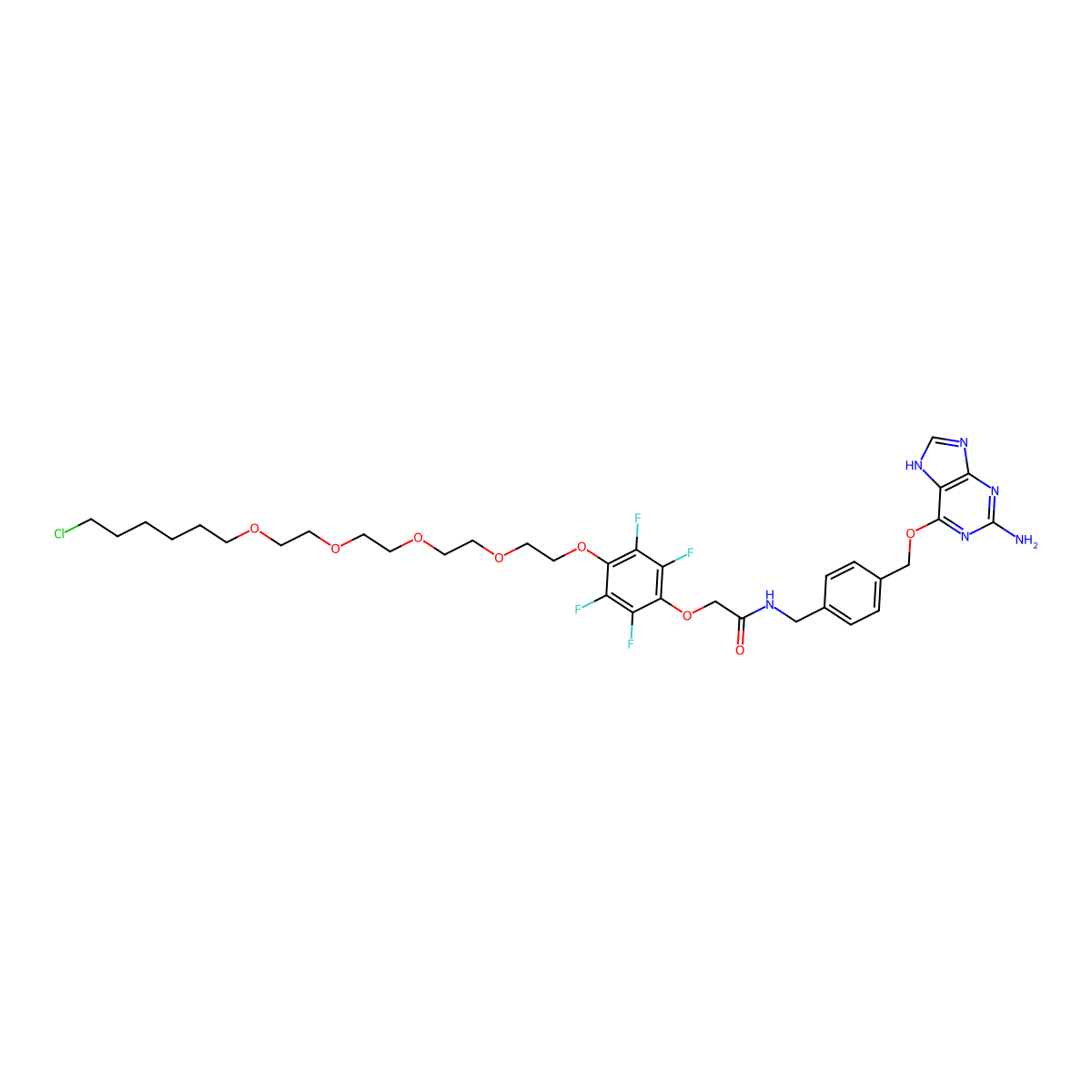 N-[[4-[[(2-Amino-9-H-purin-6-yl)oxy]methyl]phenyl]methyl]-2-[4-[(18-chloro-3,6,9,12-tetraoxaoctadec-1yl)oxy]-2,3,5,6-tetrafluorophenoxy]acetamide molecular structure, CAS 2080306-25-6