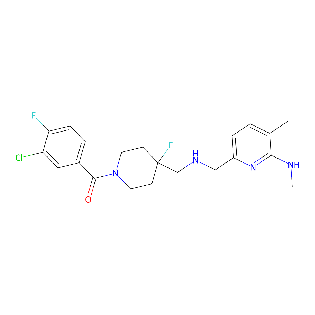 (3-Chloro-4-fluorophenyl)(4-fluoro-4-((((5-methyl-6-(methylamino)pyridin-2-yl)methyl)amino)methyl)piperidin-1-yl)methanone molecular structure, CAS 208109-38-0