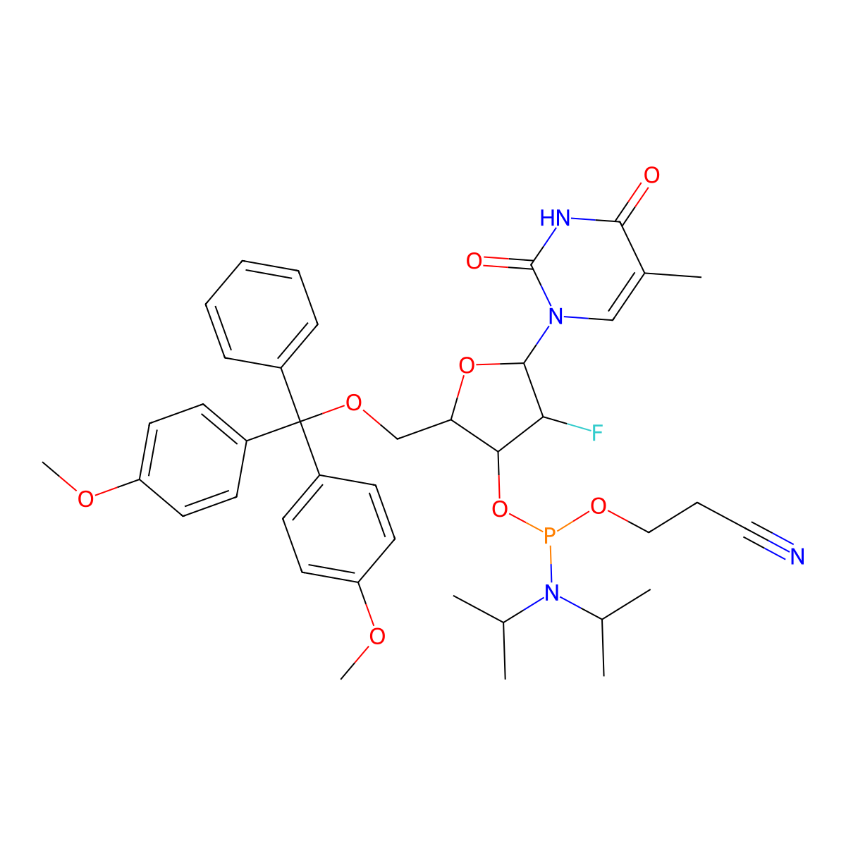 1-(2'-Deoxy-5'-O-DMT-2'-fluoro-b-D-arabinofuranosyl)thymine 3'-CE phosphoramidite molecular structure, CAS 208193-48-0